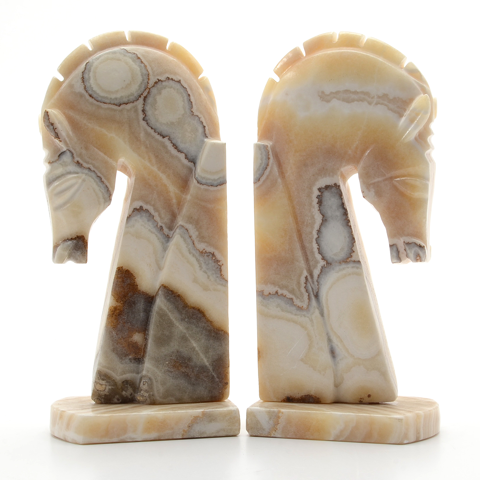Pair of Banded Calcite Horse Head Bookends