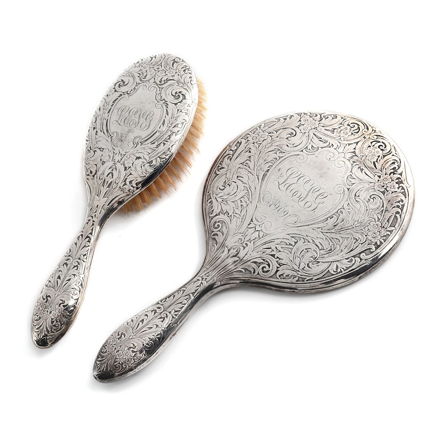 William B. Kerr & Co. Sterling Silver Hand Mirror and Brush Vanity Set