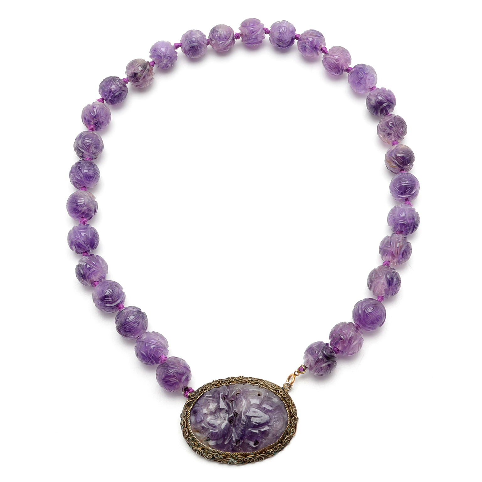 Antique Sterling Silver and Carved Amethyst Necklace