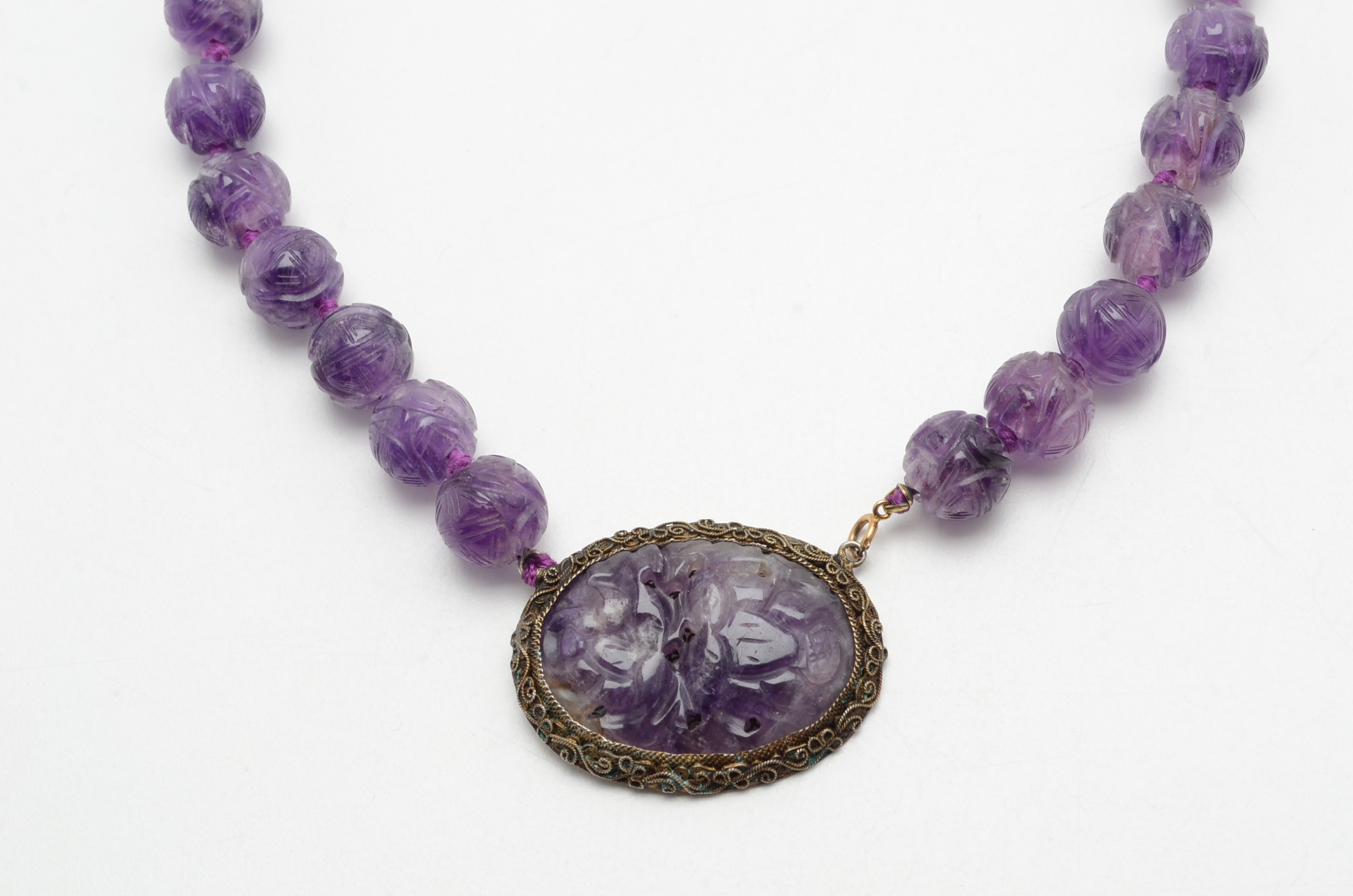 Antique Sterling Silver and Carved Amethyst Necklace