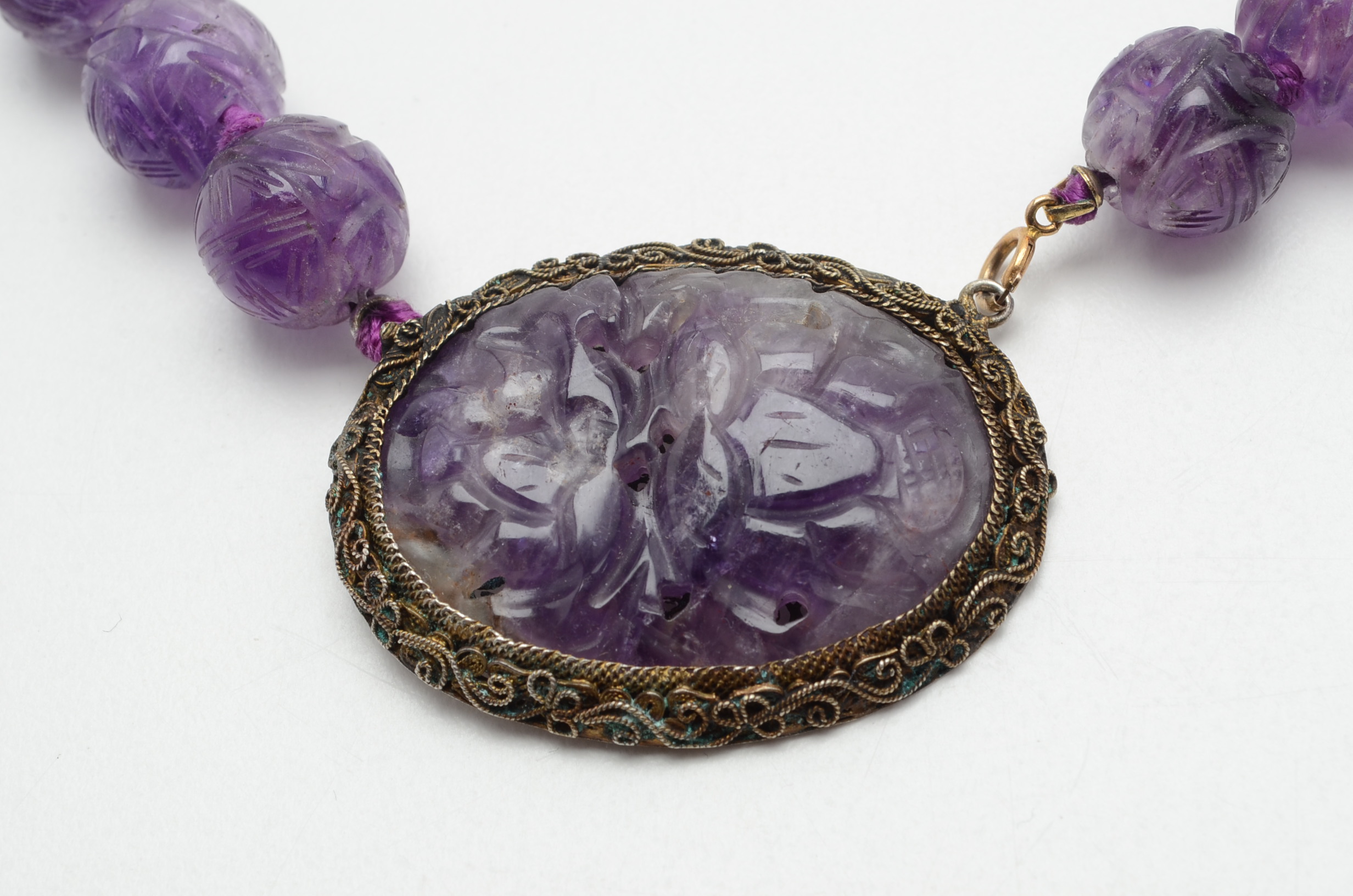 Antique Sterling Silver and Carved Amethyst Necklace
