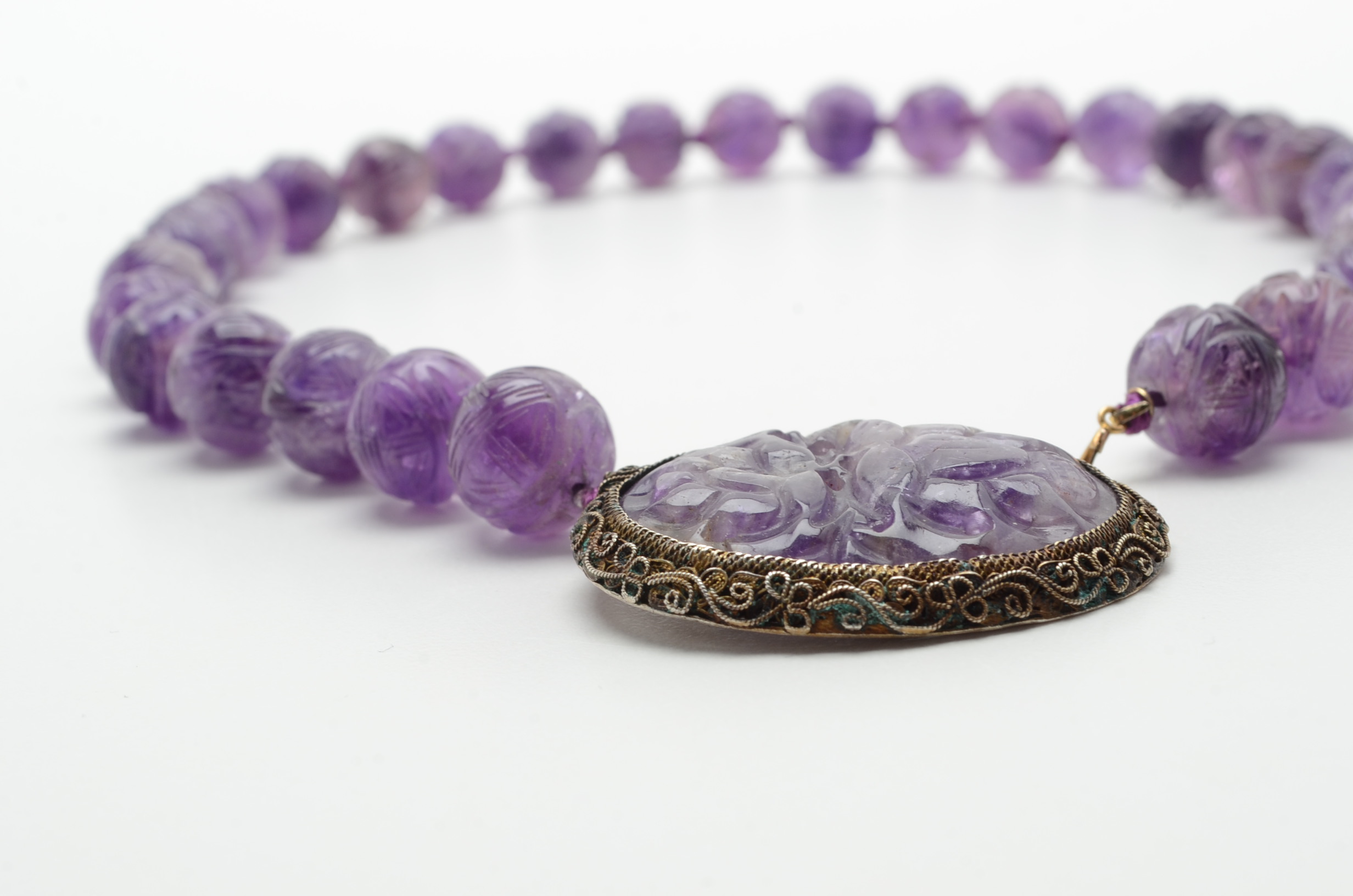 Antique Sterling Silver and Carved Amethyst Necklace
