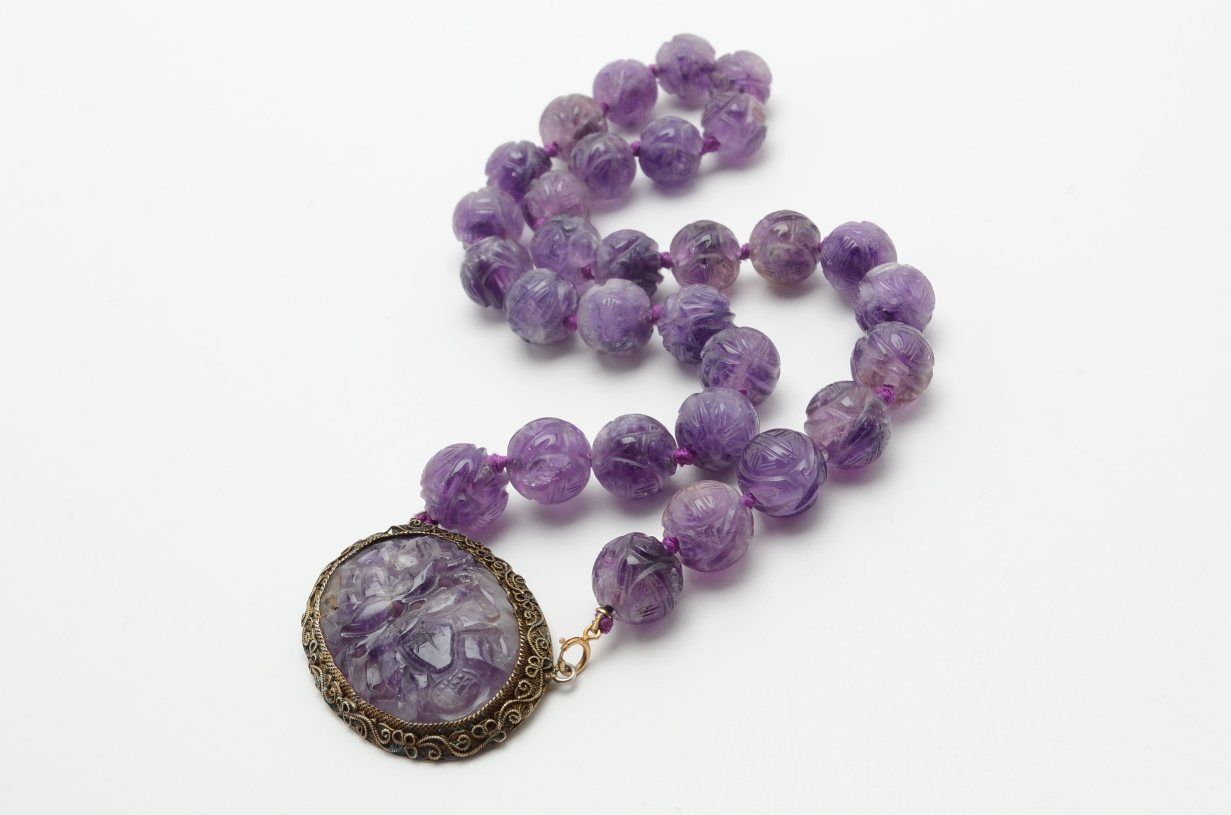 Antique Sterling Silver and Carved Amethyst Necklace