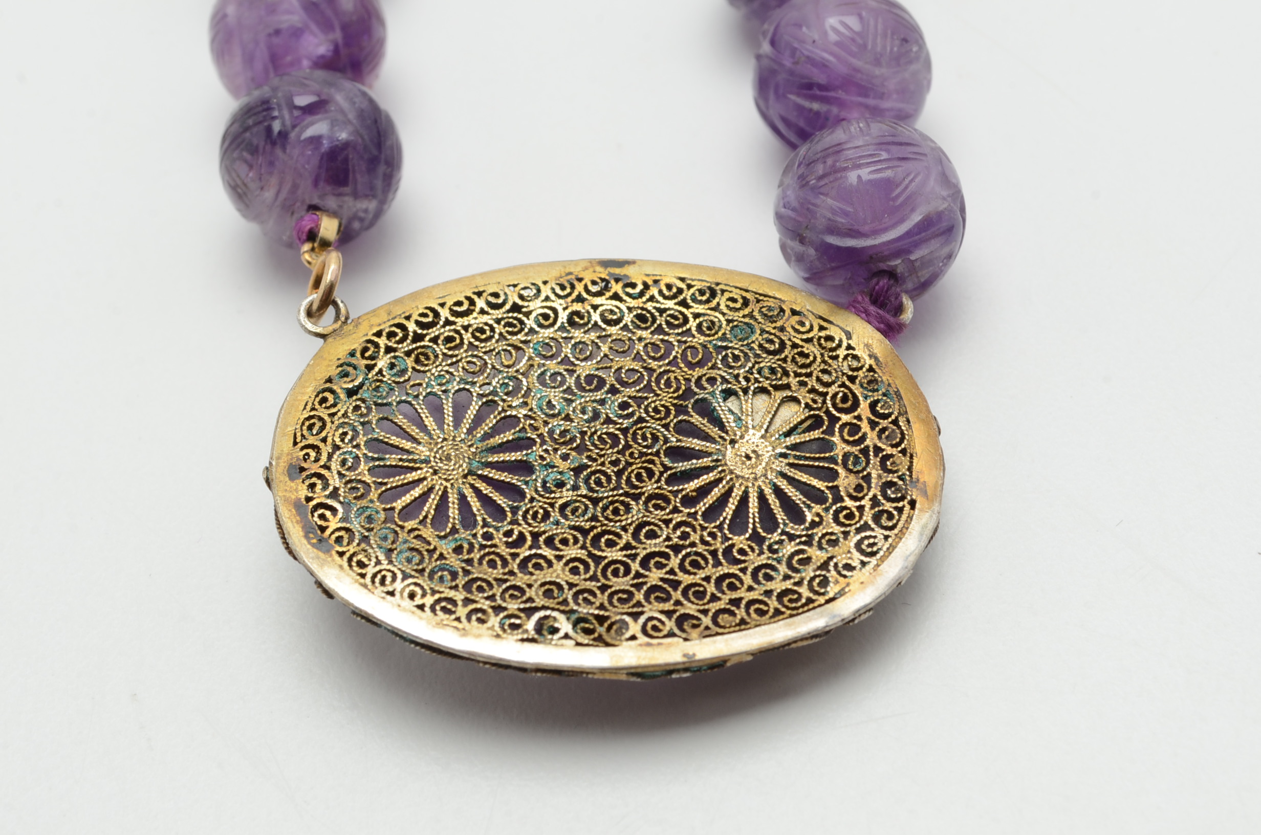 Antique Sterling Silver and Carved Amethyst Necklace