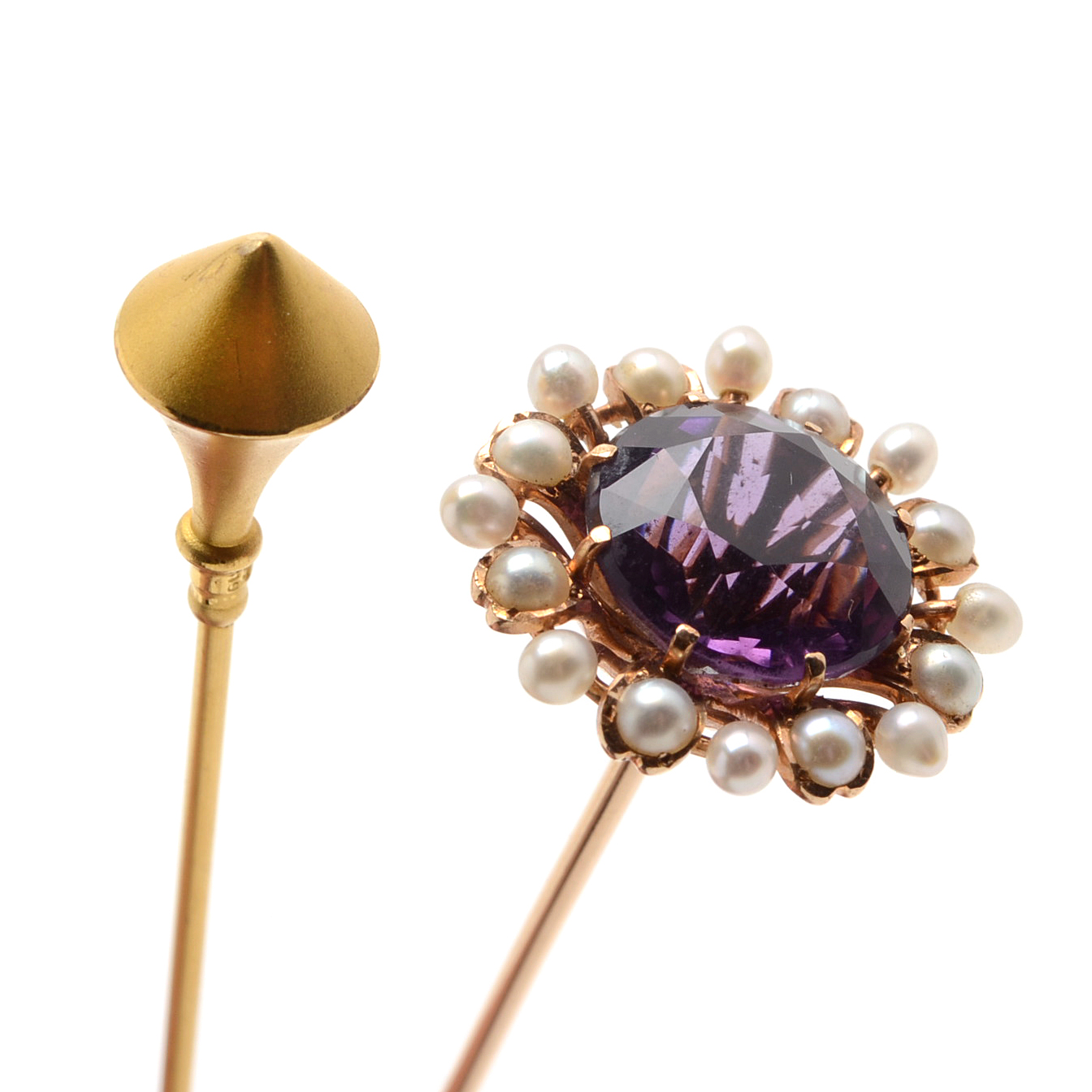 14K Yellow Gold Amethyst and Pearl Hat Pin and 10K Yellow Gold Hat Pin