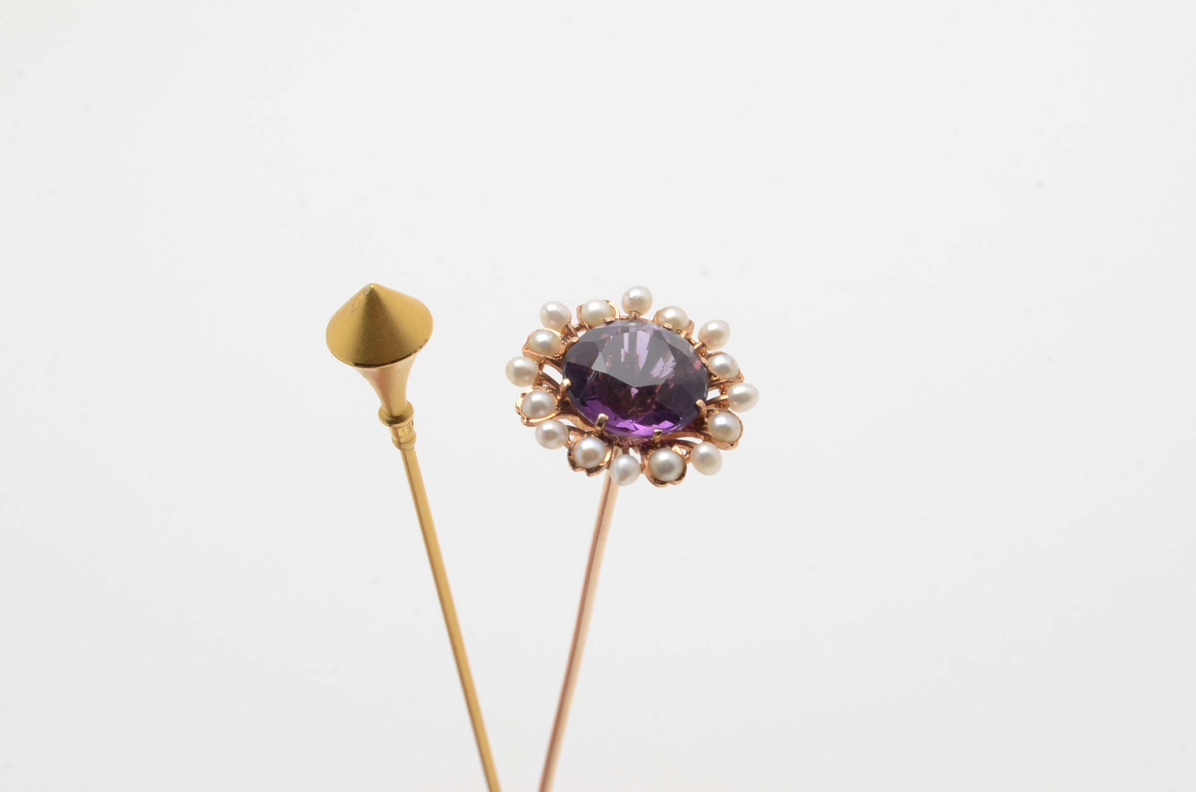14K Yellow Gold Amethyst and Pearl Hat Pin and 10K Yellow Gold Hat Pin