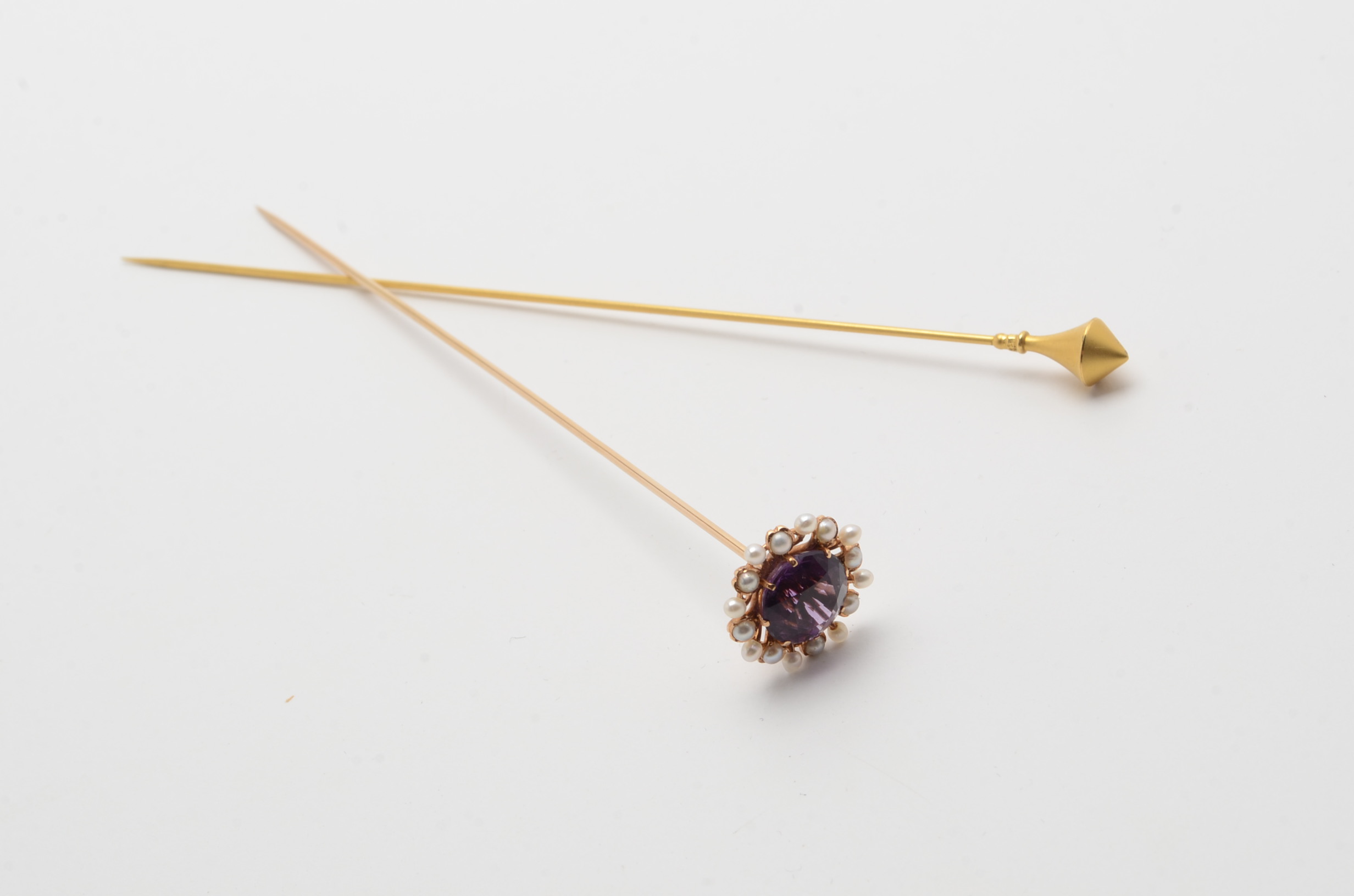 14K Yellow Gold Amethyst and Pearl Hat Pin and 10K Yellow Gold Hat Pin