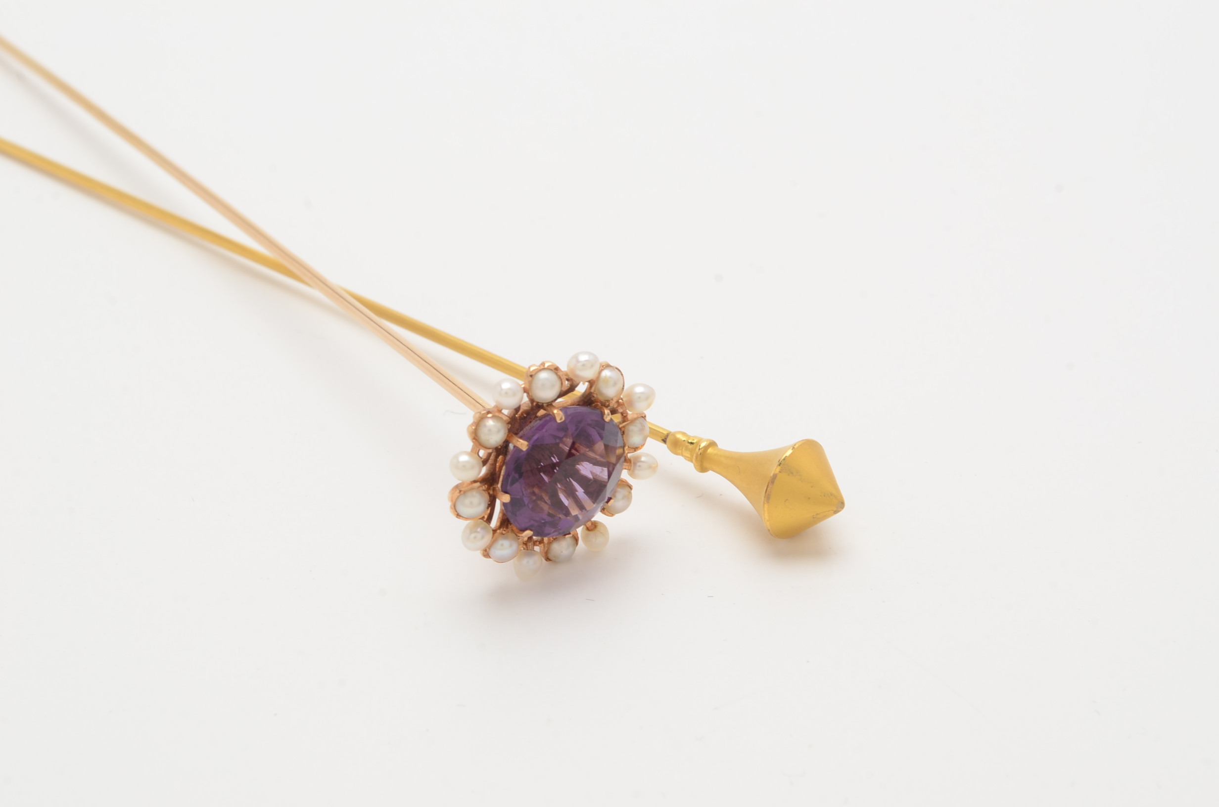 14K Yellow Gold Amethyst and Pearl Hat Pin and 10K Yellow Gold Hat Pin