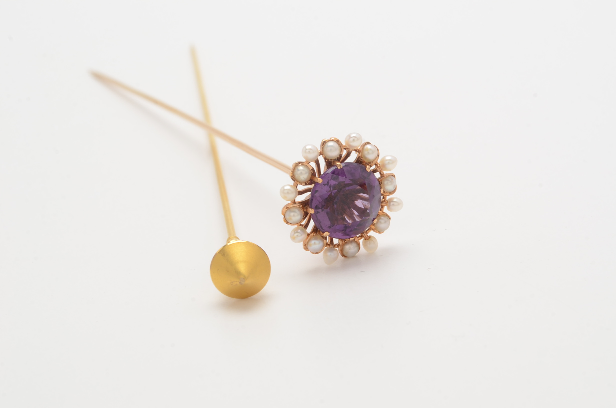 14K Yellow Gold Amethyst and Pearl Hat Pin and 10K Yellow Gold Hat Pin