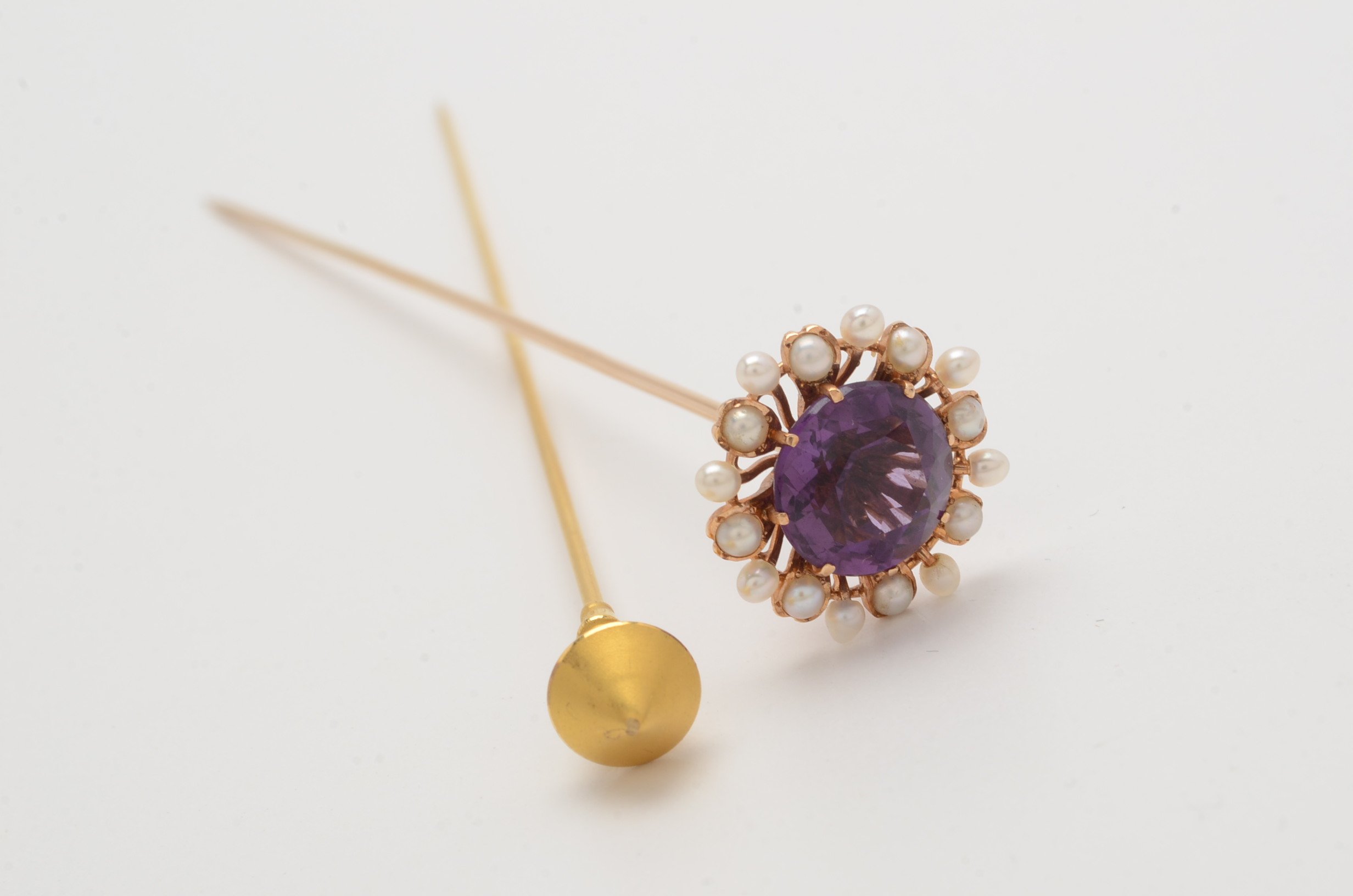 14K Yellow Gold Amethyst and Pearl Hat Pin and 10K Yellow Gold Hat Pin
