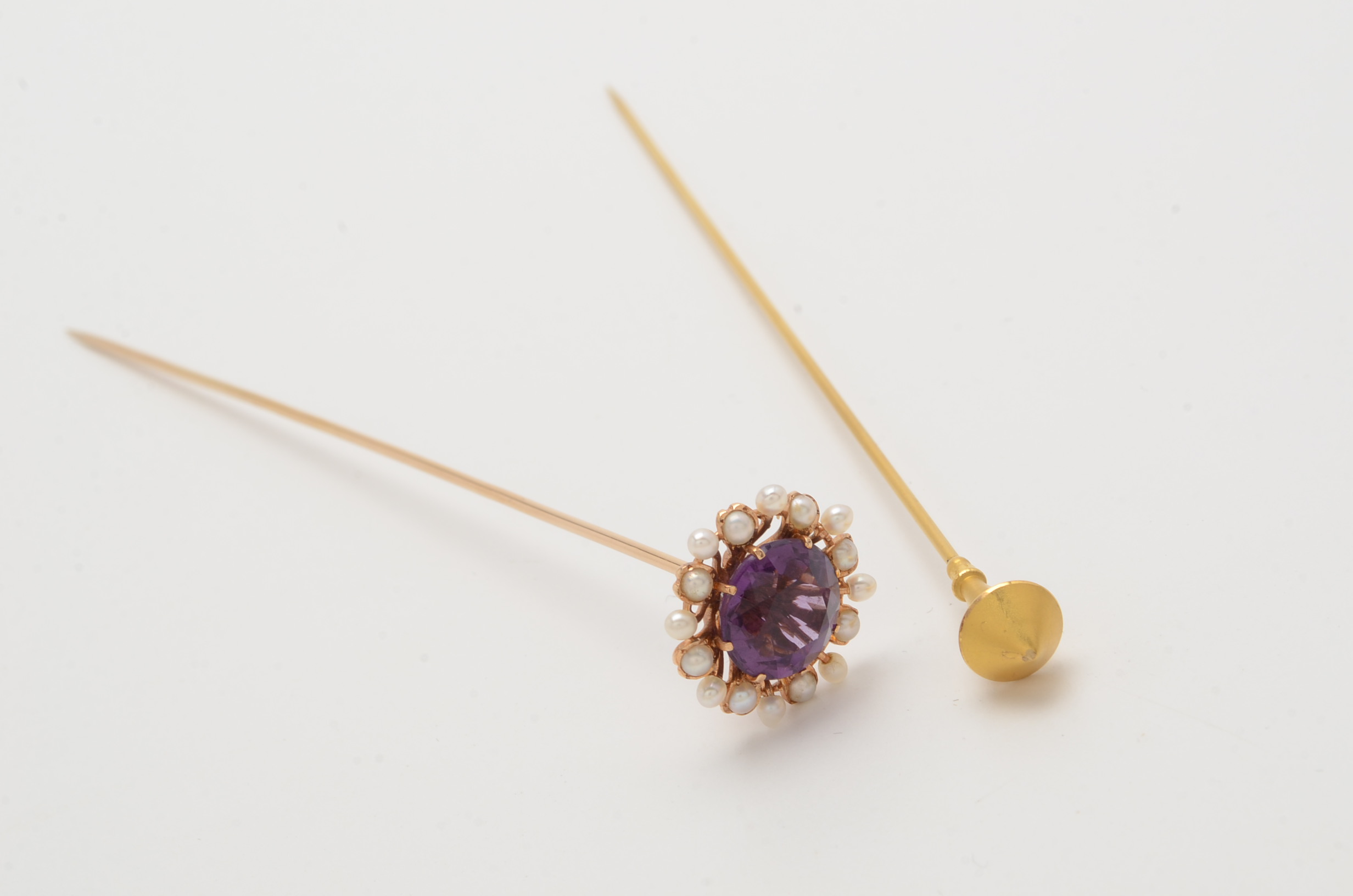 14K Yellow Gold Amethyst and Pearl Hat Pin and 10K Yellow Gold Hat Pin