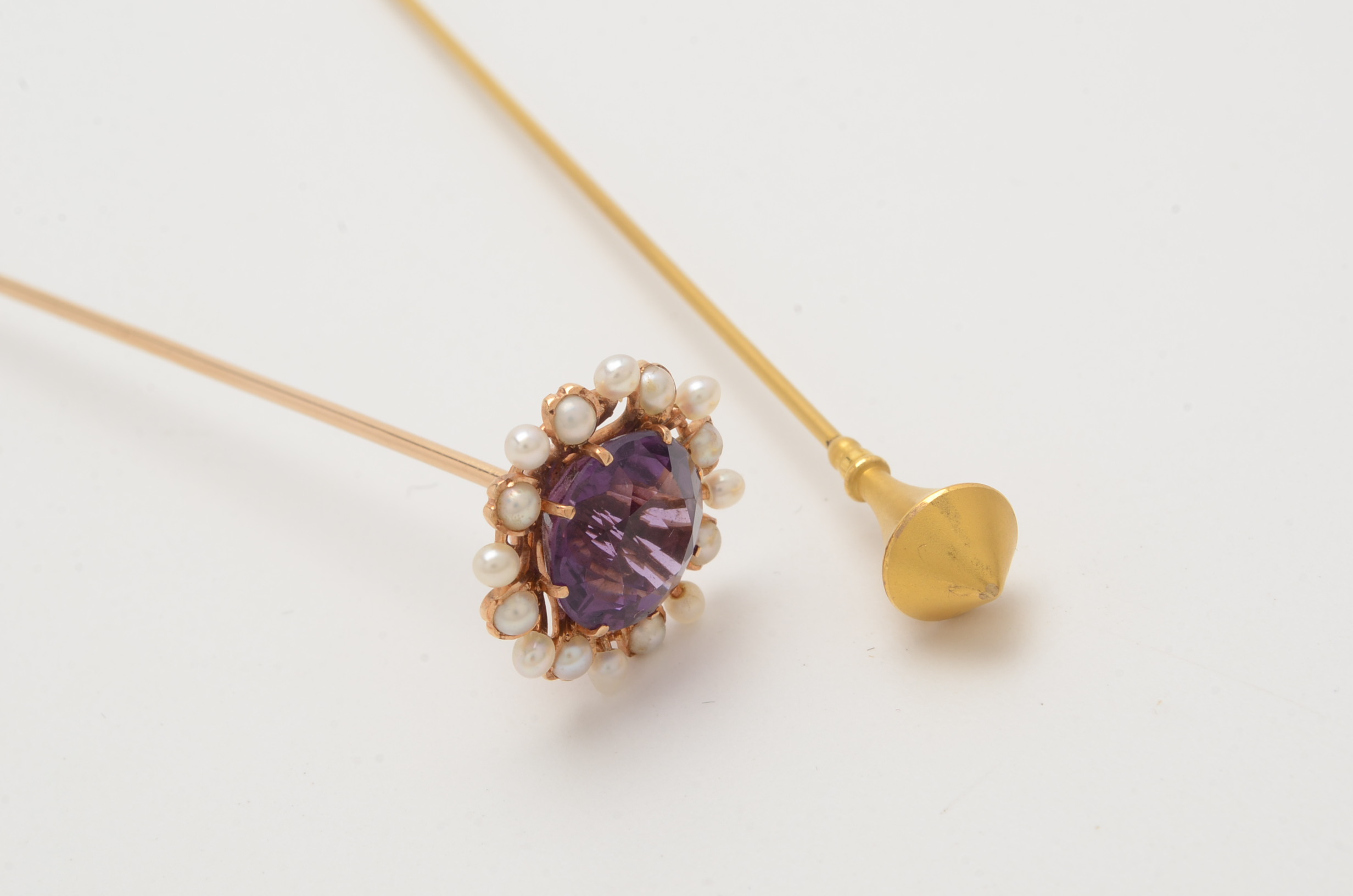 14K Yellow Gold Amethyst and Pearl Hat Pin and 10K Yellow Gold Hat Pin