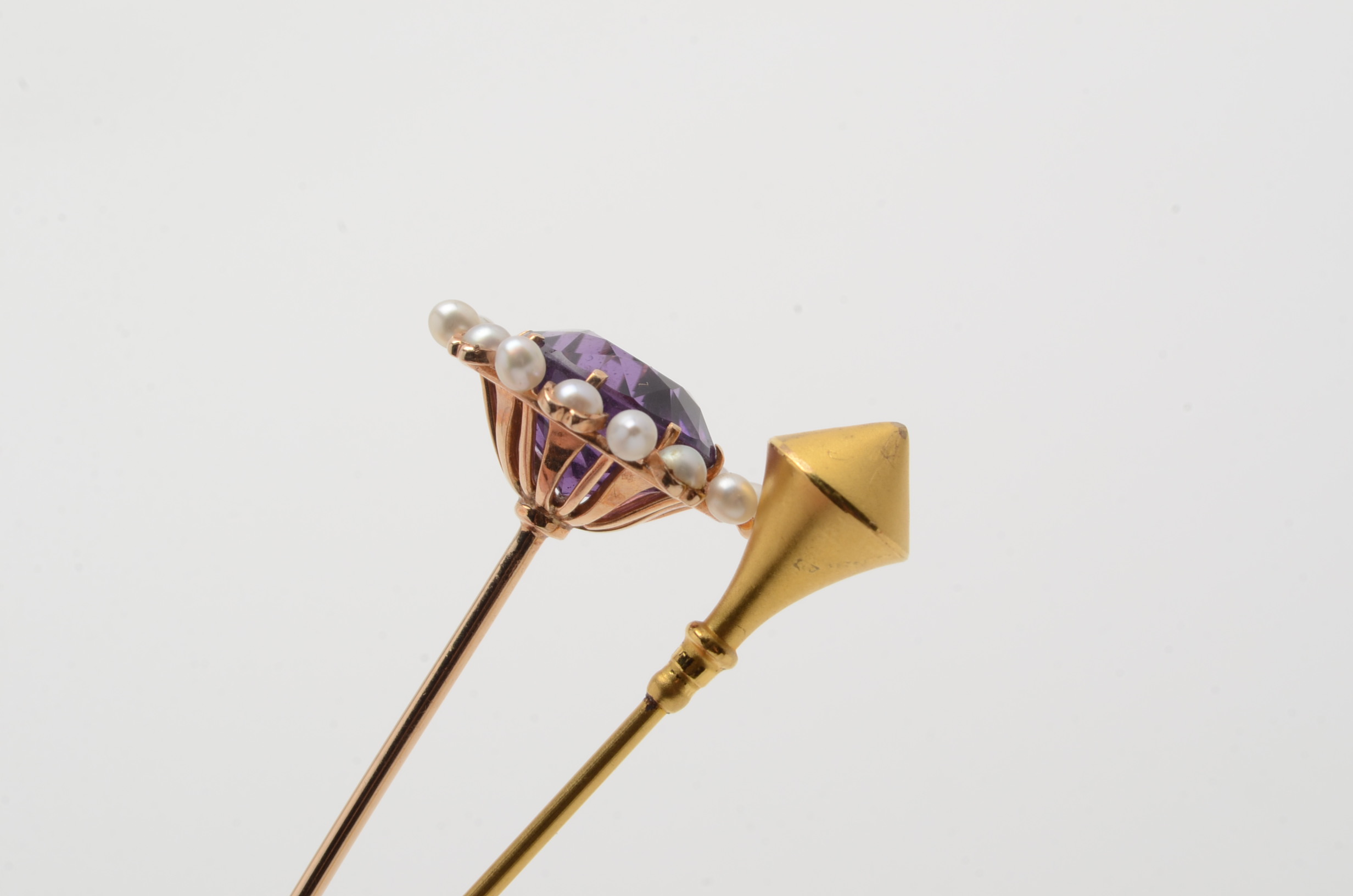 14K Yellow Gold Amethyst and Pearl Hat Pin and 10K Yellow Gold Hat Pin