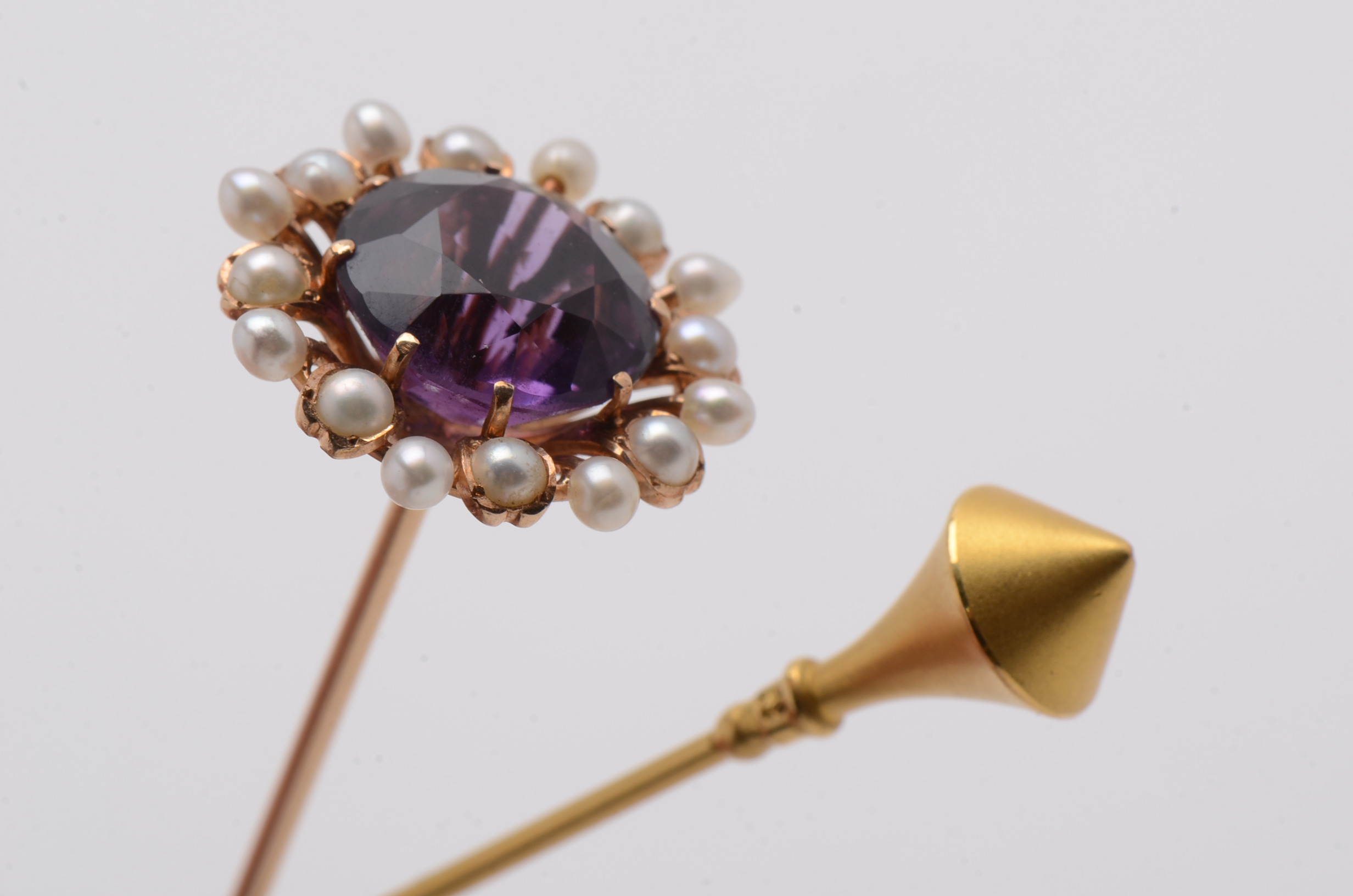 14K Yellow Gold Amethyst and Pearl Hat Pin and 10K Yellow Gold Hat Pin