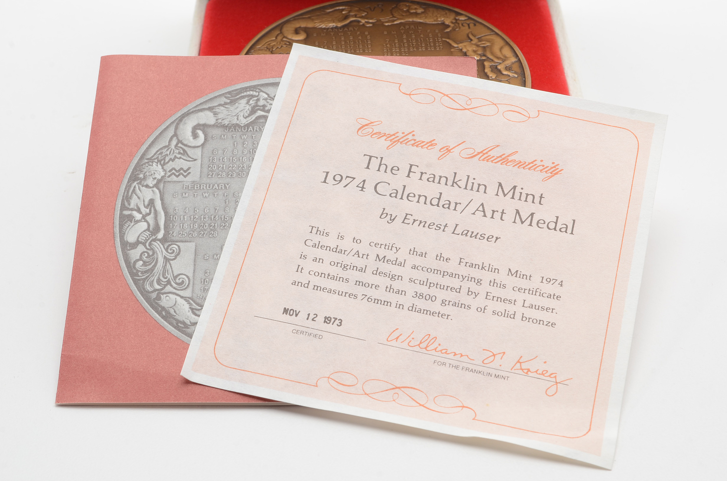 The Franklin Mint 1974 Bronze Calendar Art Medal
