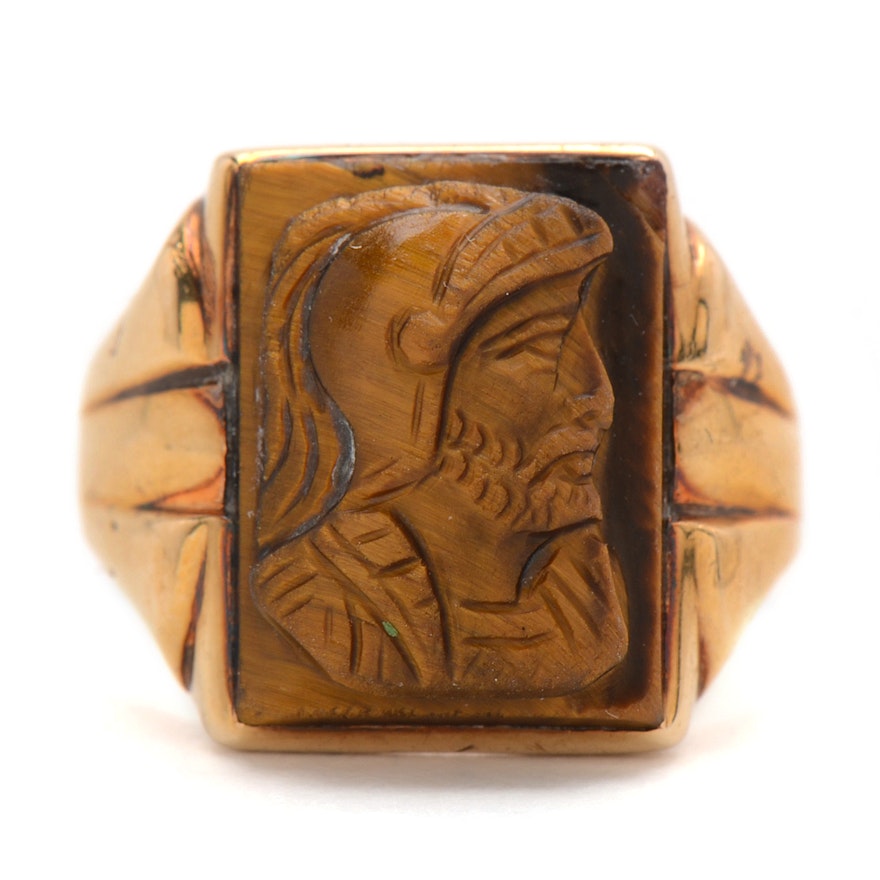 10K Yellow Gold Rectangular Tiger's Eye Cameo Ring