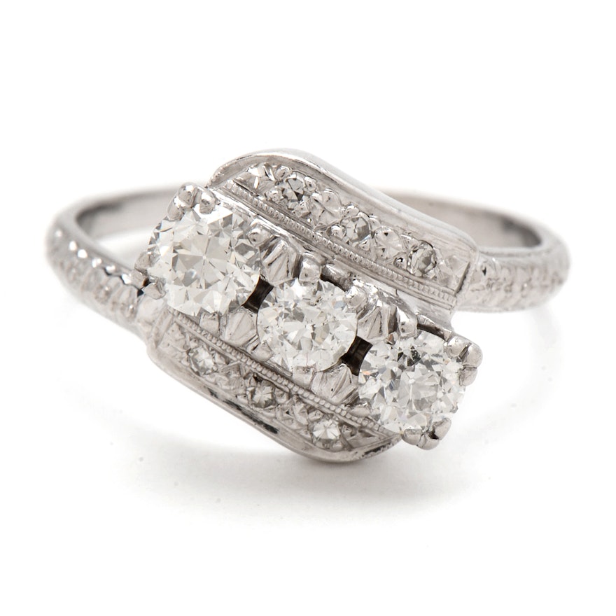 14K White Gold Vintage Ring Featuring Three Old European Cut Diamonds