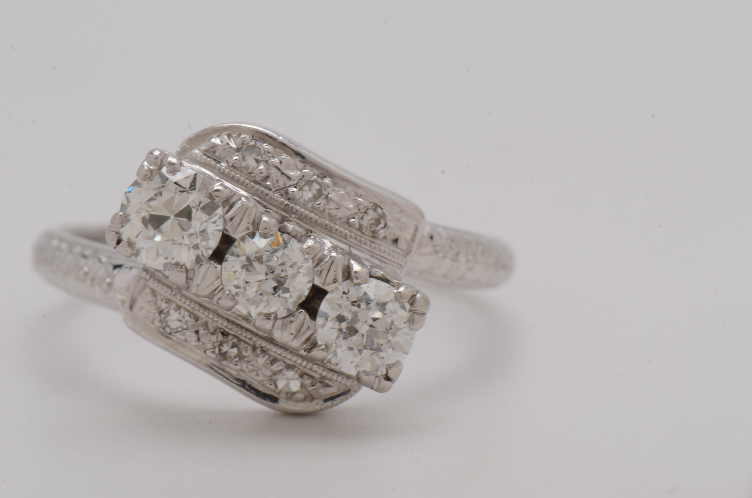 14K White Gold Vintage Ring Featuring Three Old European Cut Diamonds