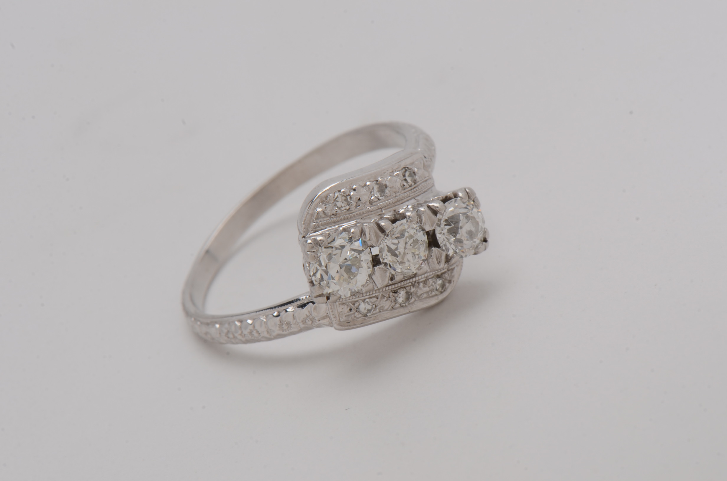 14K White Gold Vintage Ring Featuring Three Old European Cut Diamonds