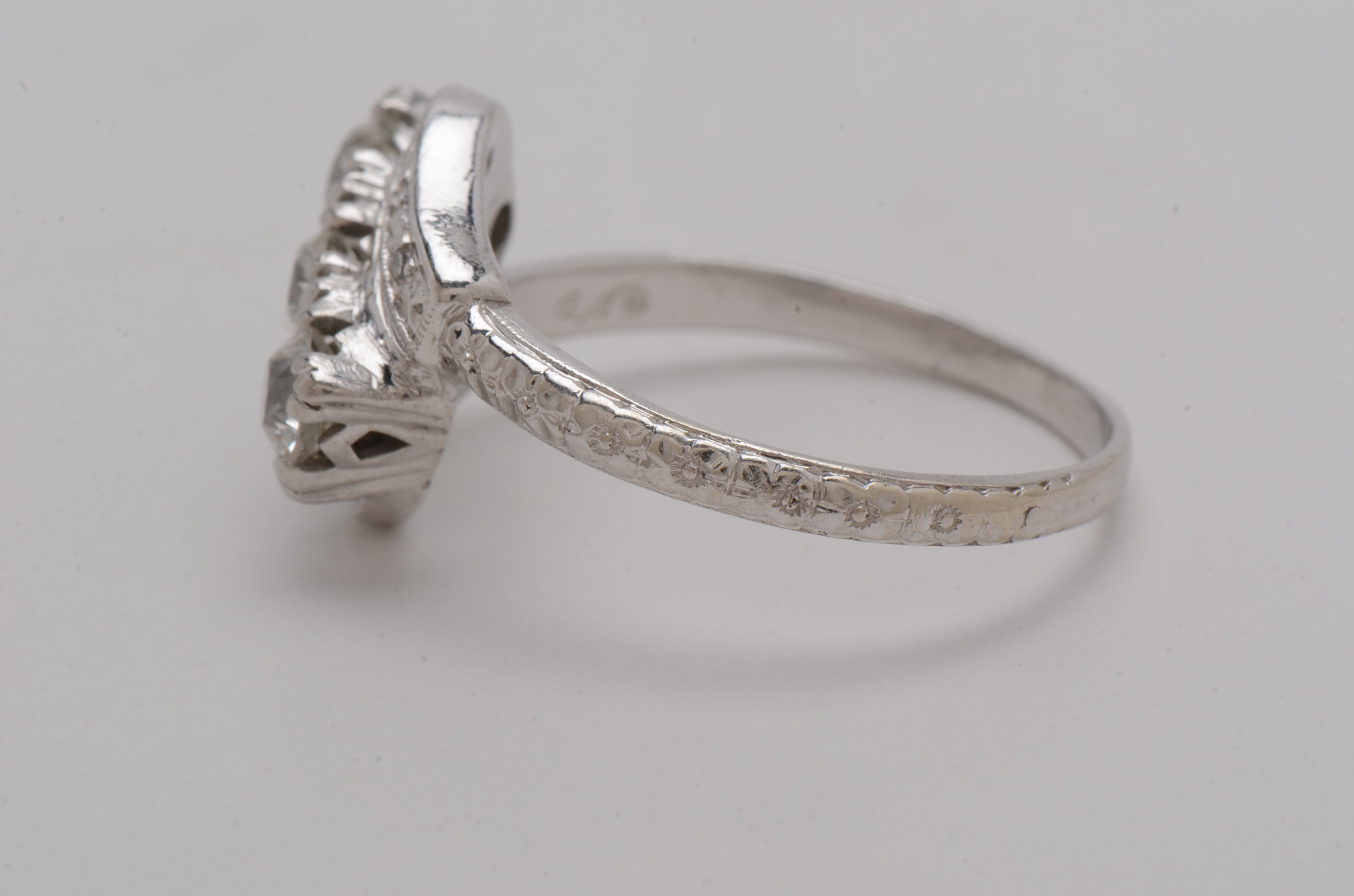 14K White Gold Vintage Ring Featuring Three Old European Cut Diamonds