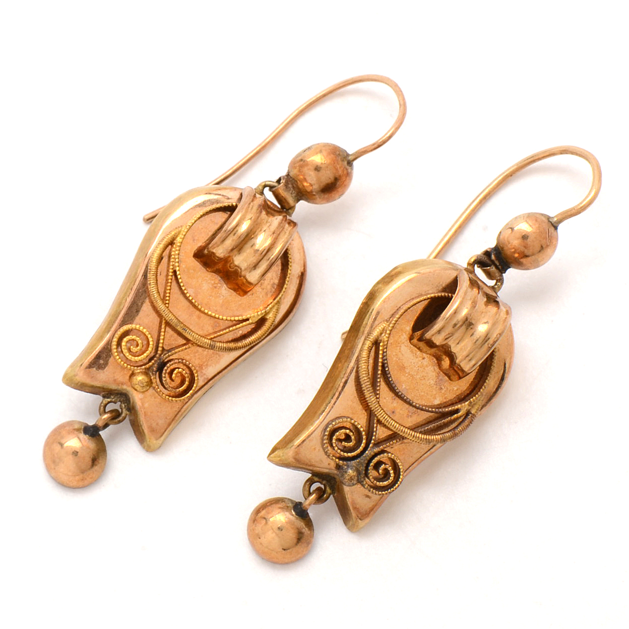 Victorian 14K Yellow Gold Earrings on Wires with Applied Filigree Detailing