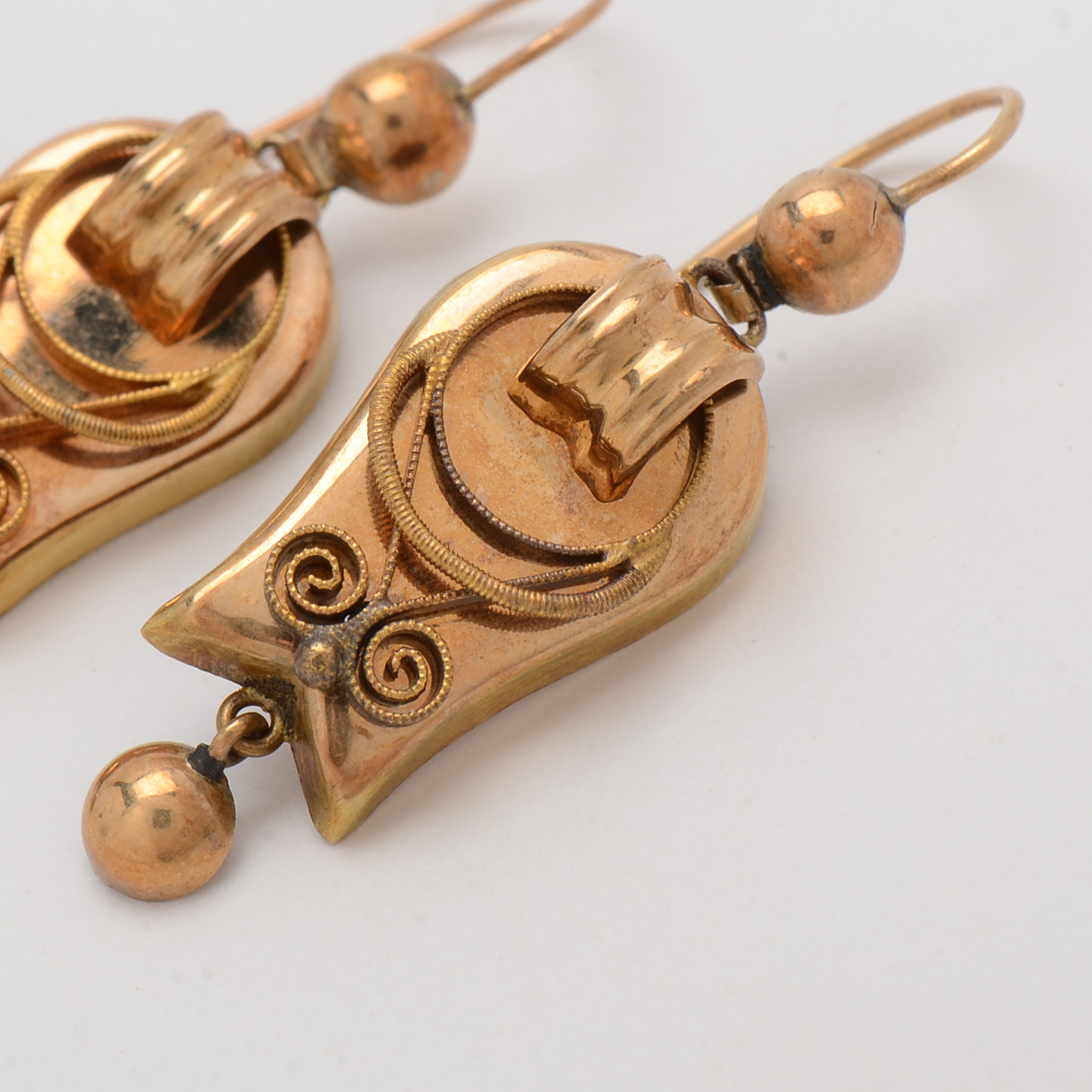 Victorian 14K Yellow Gold Earrings on Wires with Applied Filigree Detailing