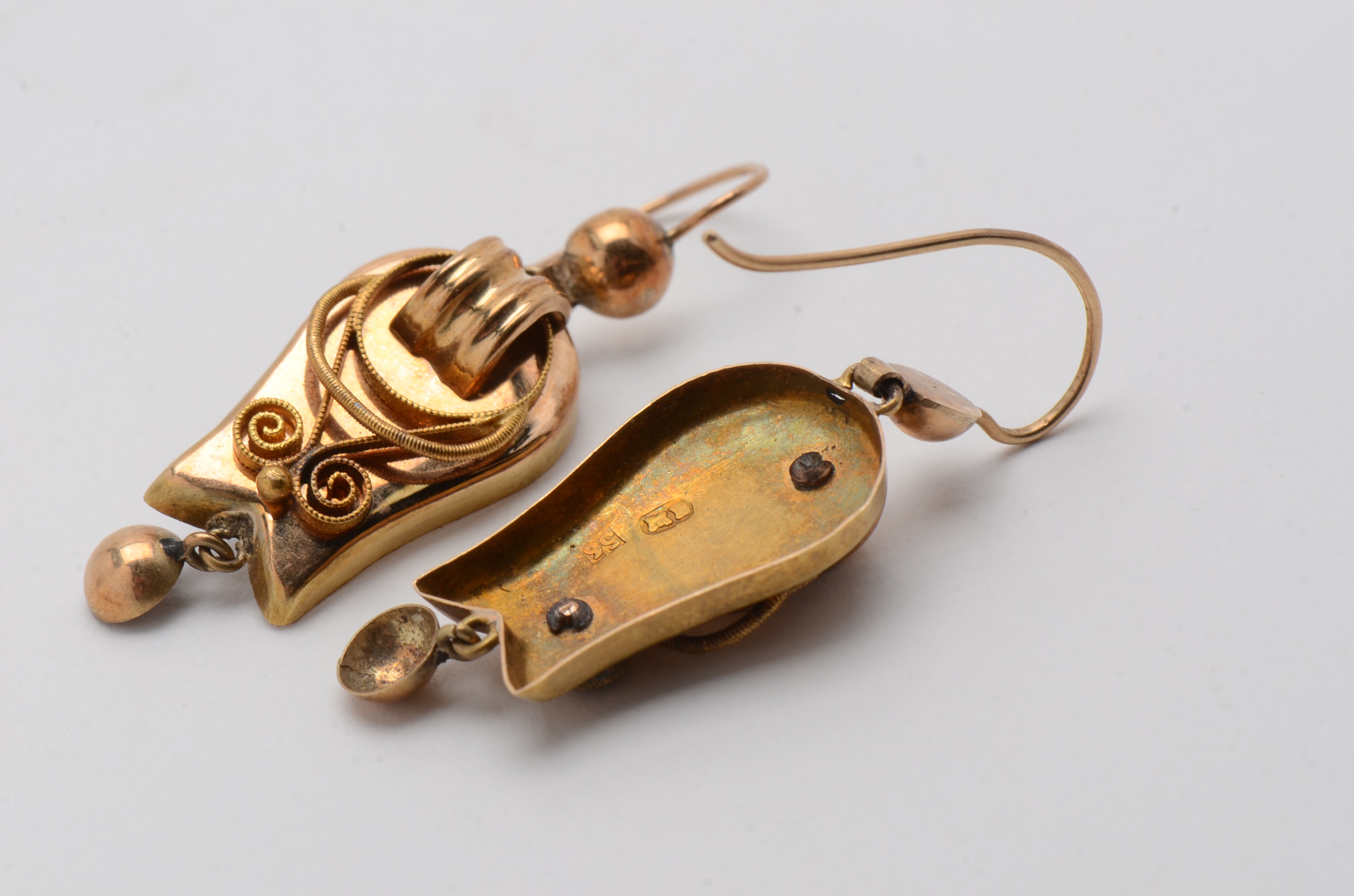 Victorian 14K Yellow Gold Earrings on Wires with Applied Filigree Detailing