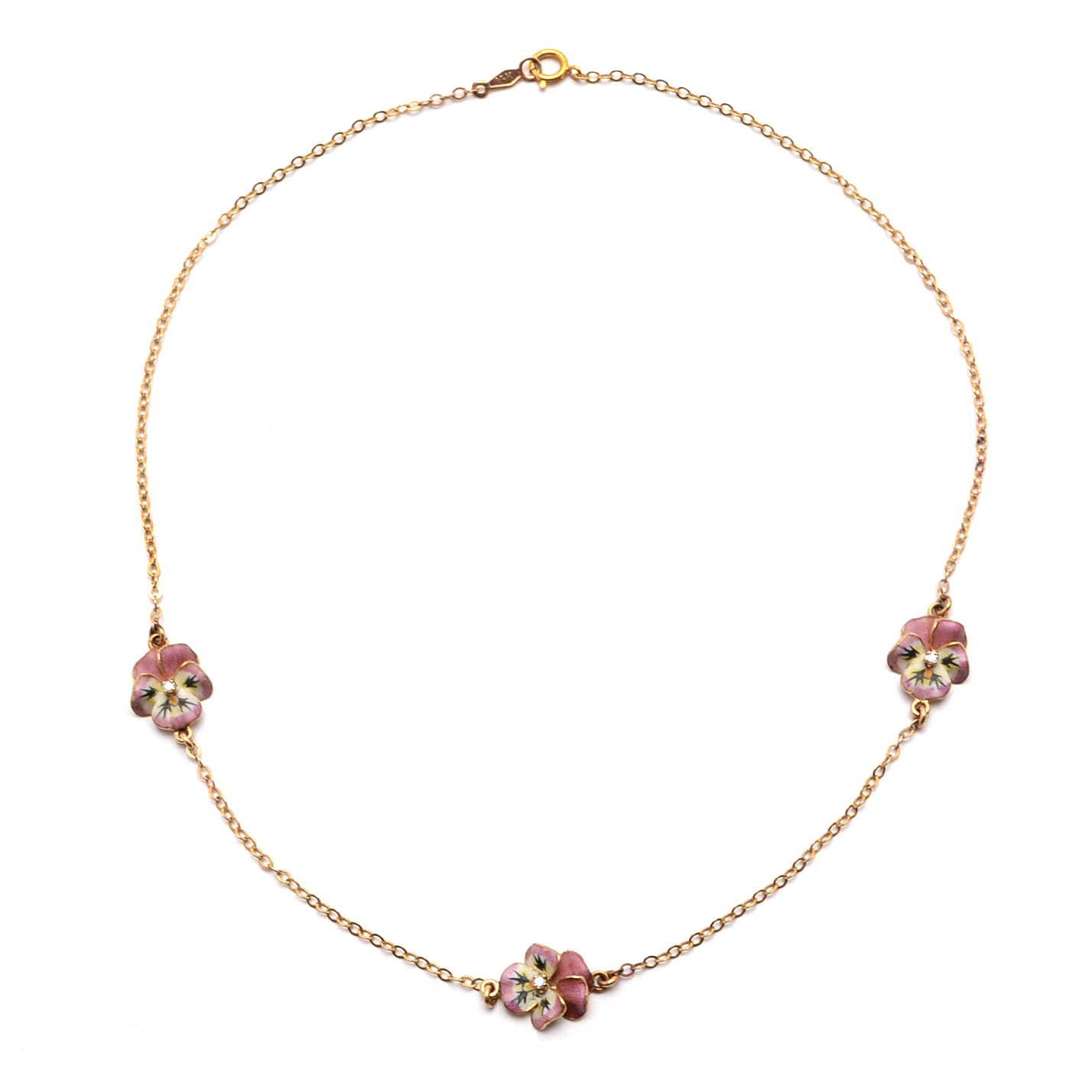 14K Yellow Gold Choker with Enameled and Diamond Pansies
