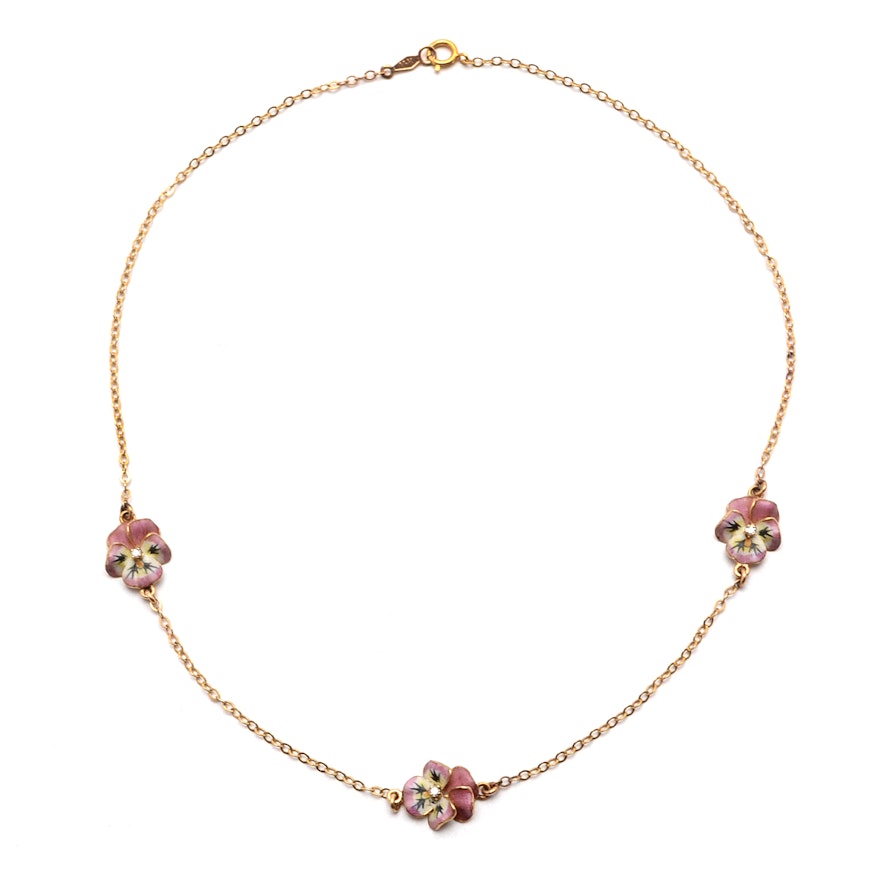14K Yellow Gold Choker with Enameled and Diamond Pansies