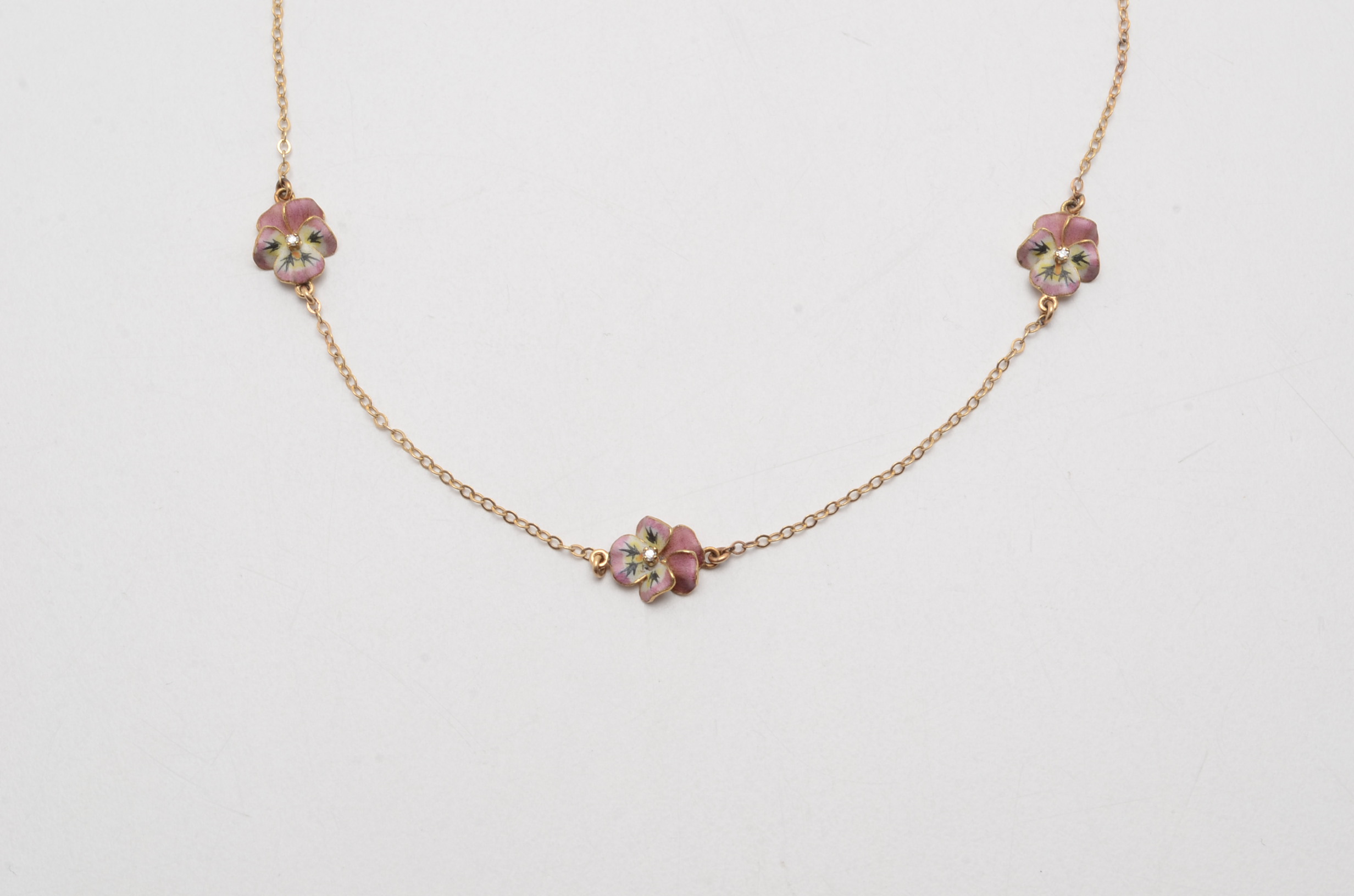 14K Yellow Gold Choker with Enameled and Diamond Pansies