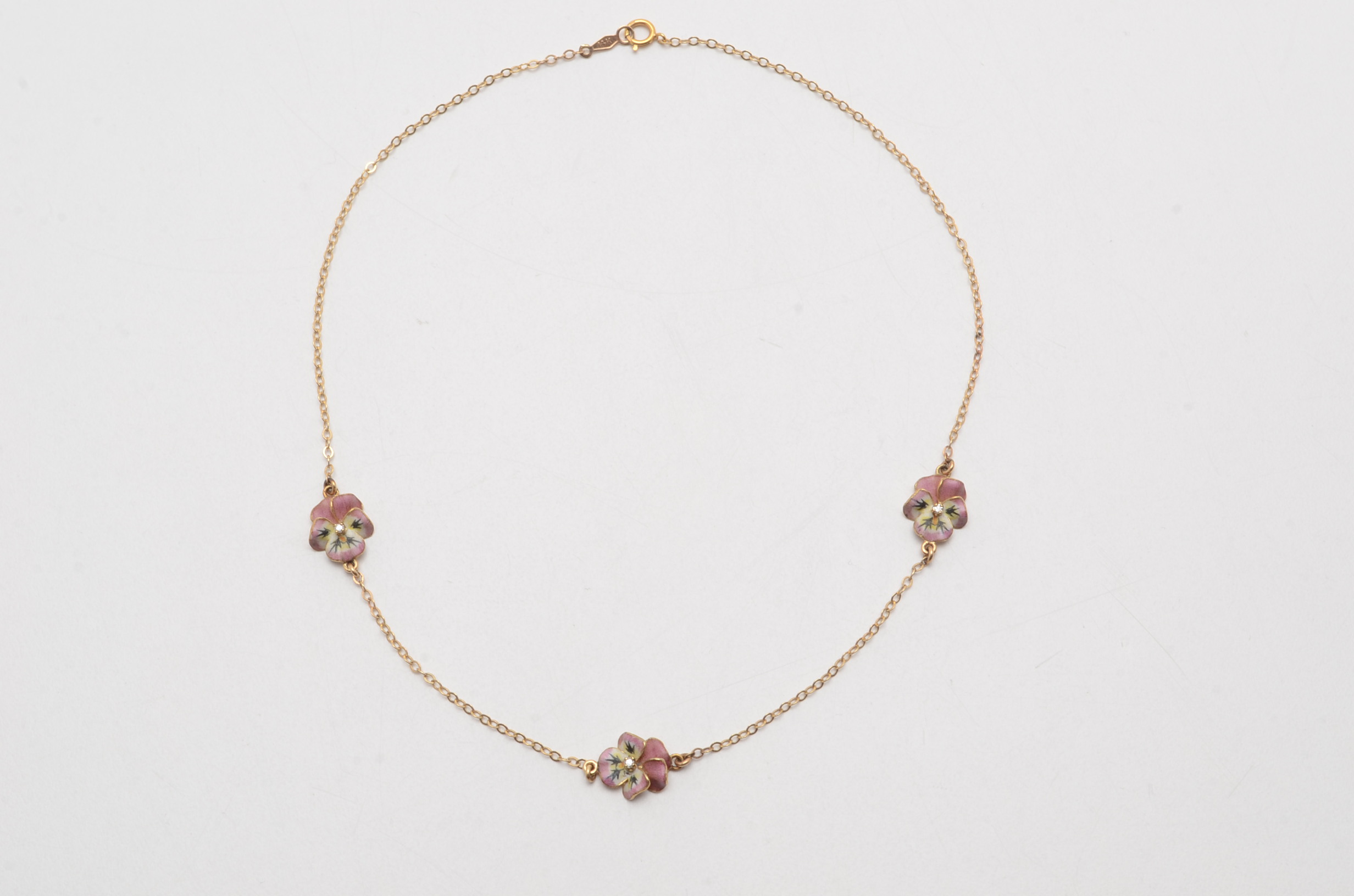 14K Yellow Gold Choker with Enameled and Diamond Pansies