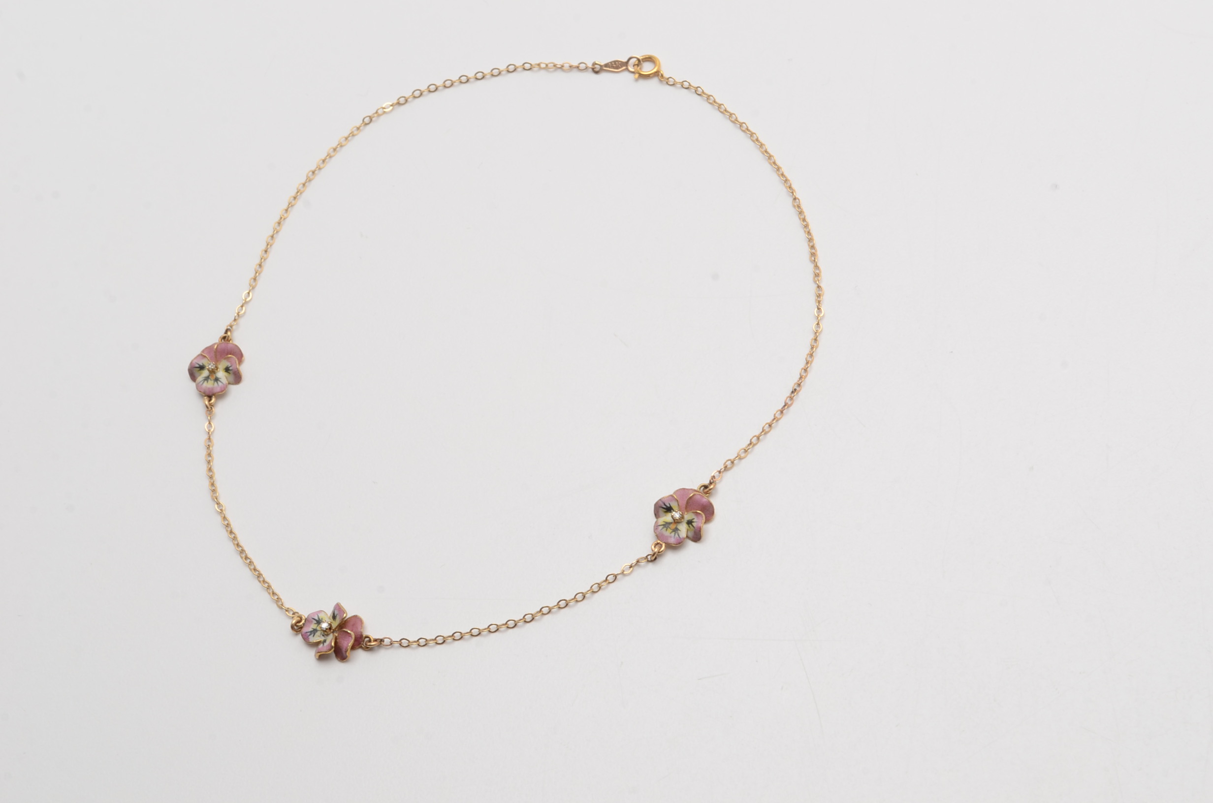 14K Yellow Gold Choker with Enameled and Diamond Pansies