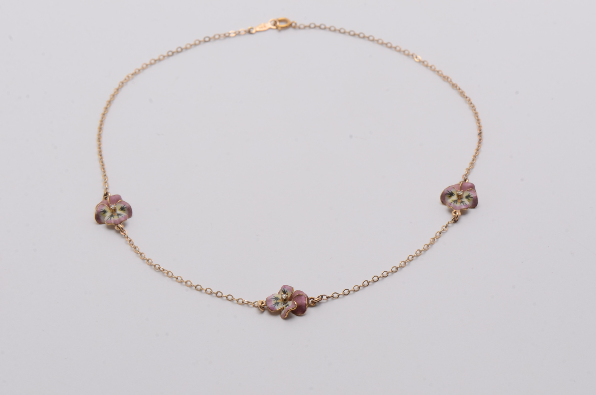 14K Yellow Gold Choker with Enameled and Diamond Pansies