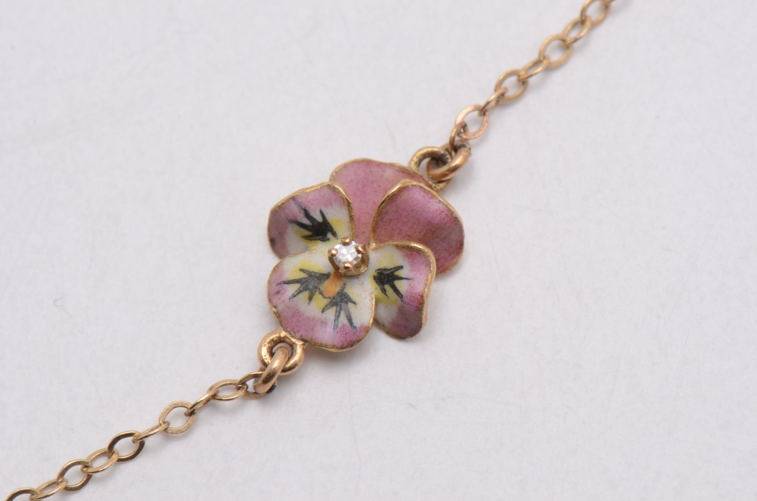 14K Yellow Gold Choker with Enameled and Diamond Pansies