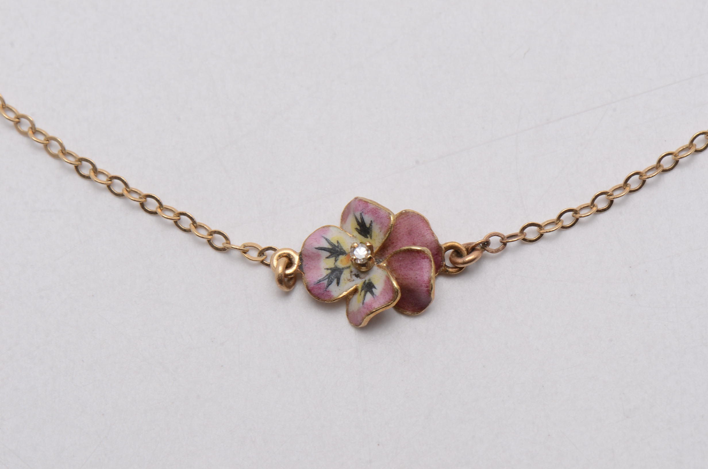 14K Yellow Gold Choker with Enameled and Diamond Pansies
