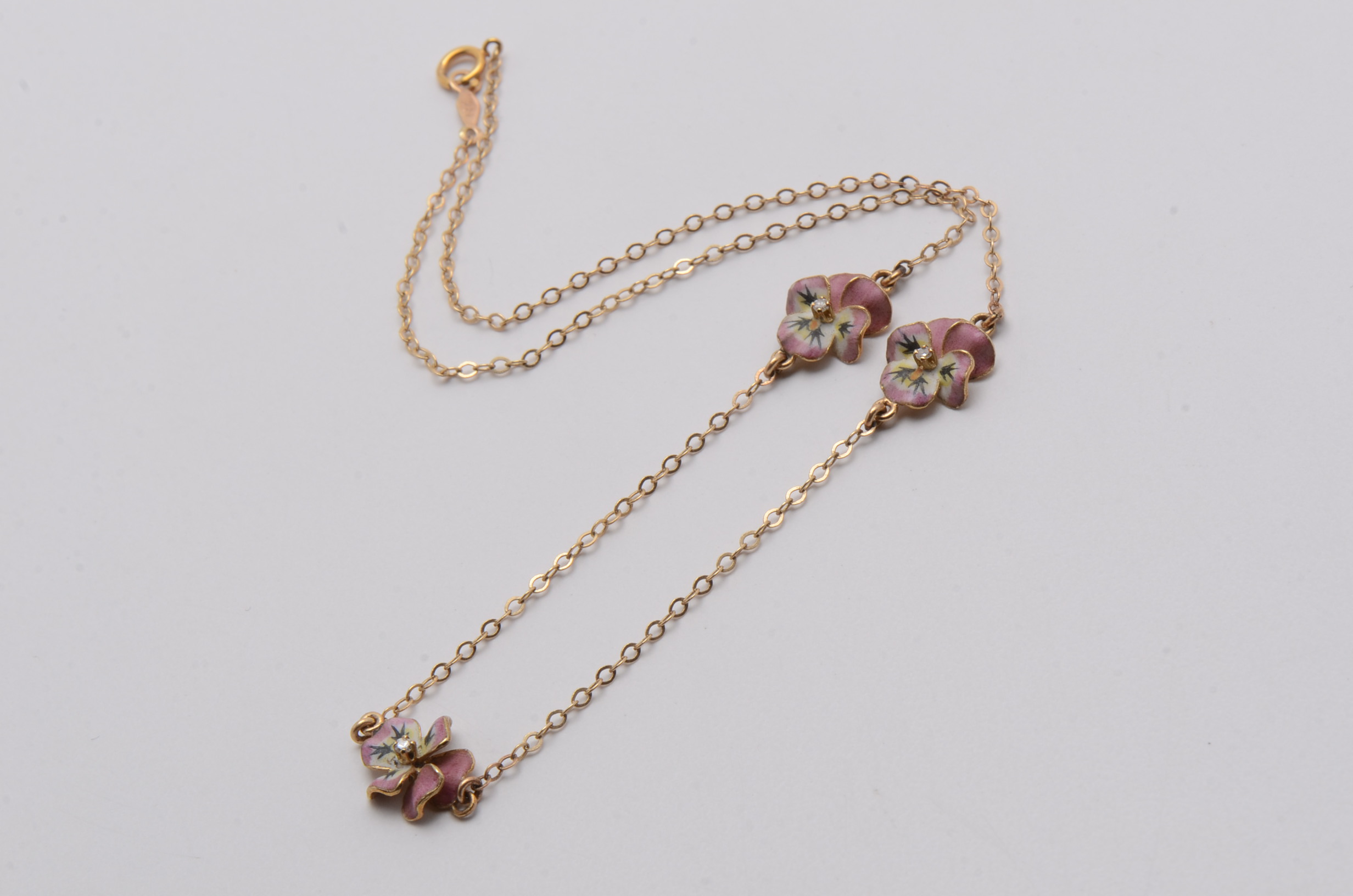 14K Yellow Gold Choker with Enameled and Diamond Pansies