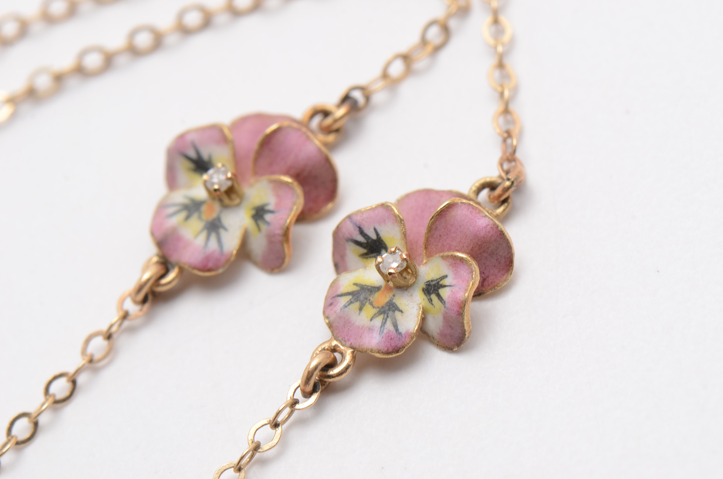 14K Yellow Gold Choker with Enameled and Diamond Pansies