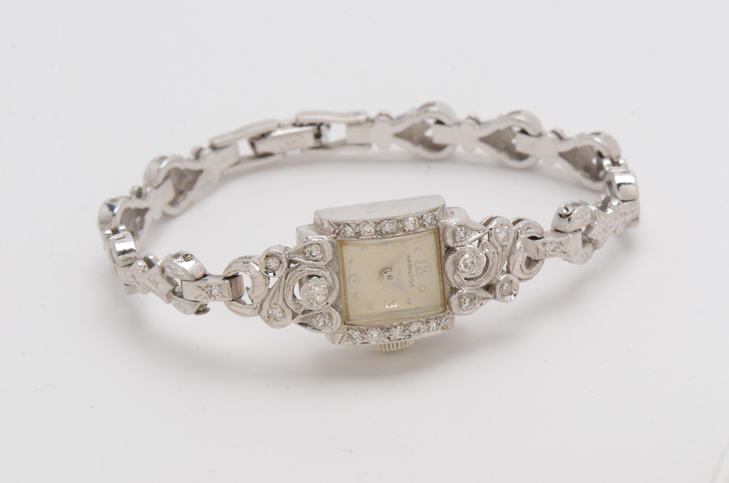 14K White Gold Vintage Hamilton Watch with Diamond Dial and Bracelet