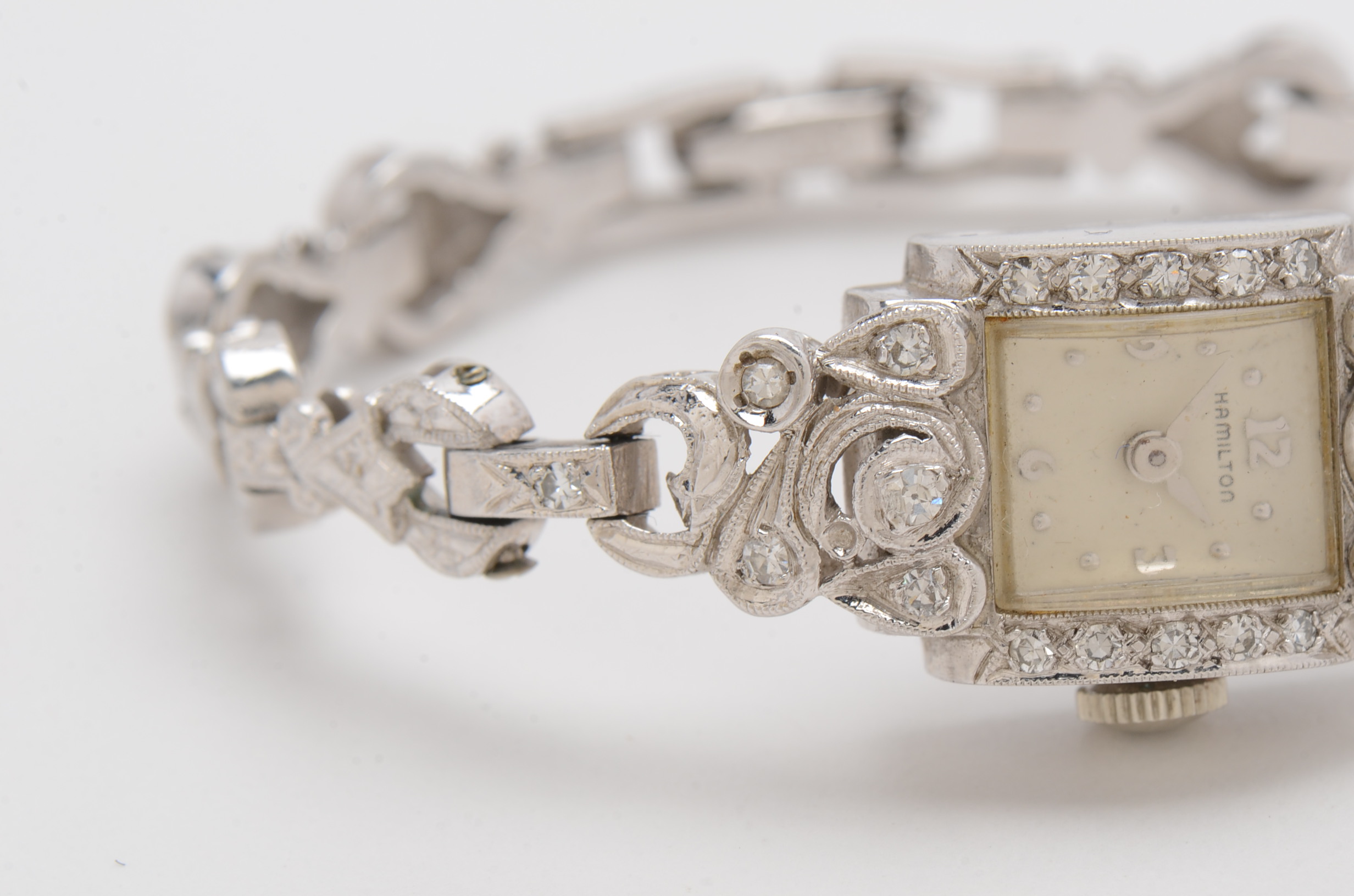 14K White Gold Vintage Hamilton Watch with Diamond Dial and Bracelet