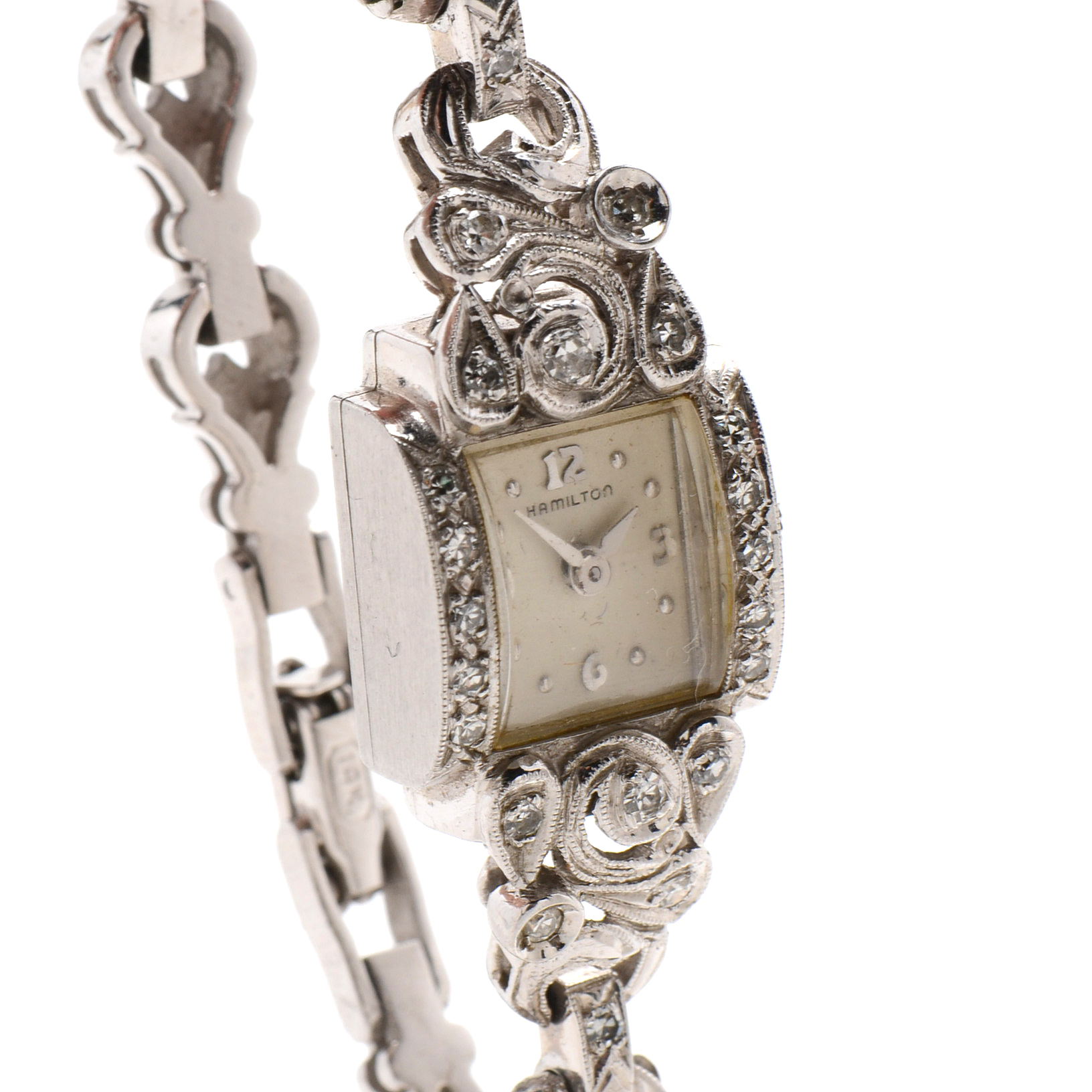 14K White Gold Vintage Hamilton Watch with Diamond Dial and Bracelet