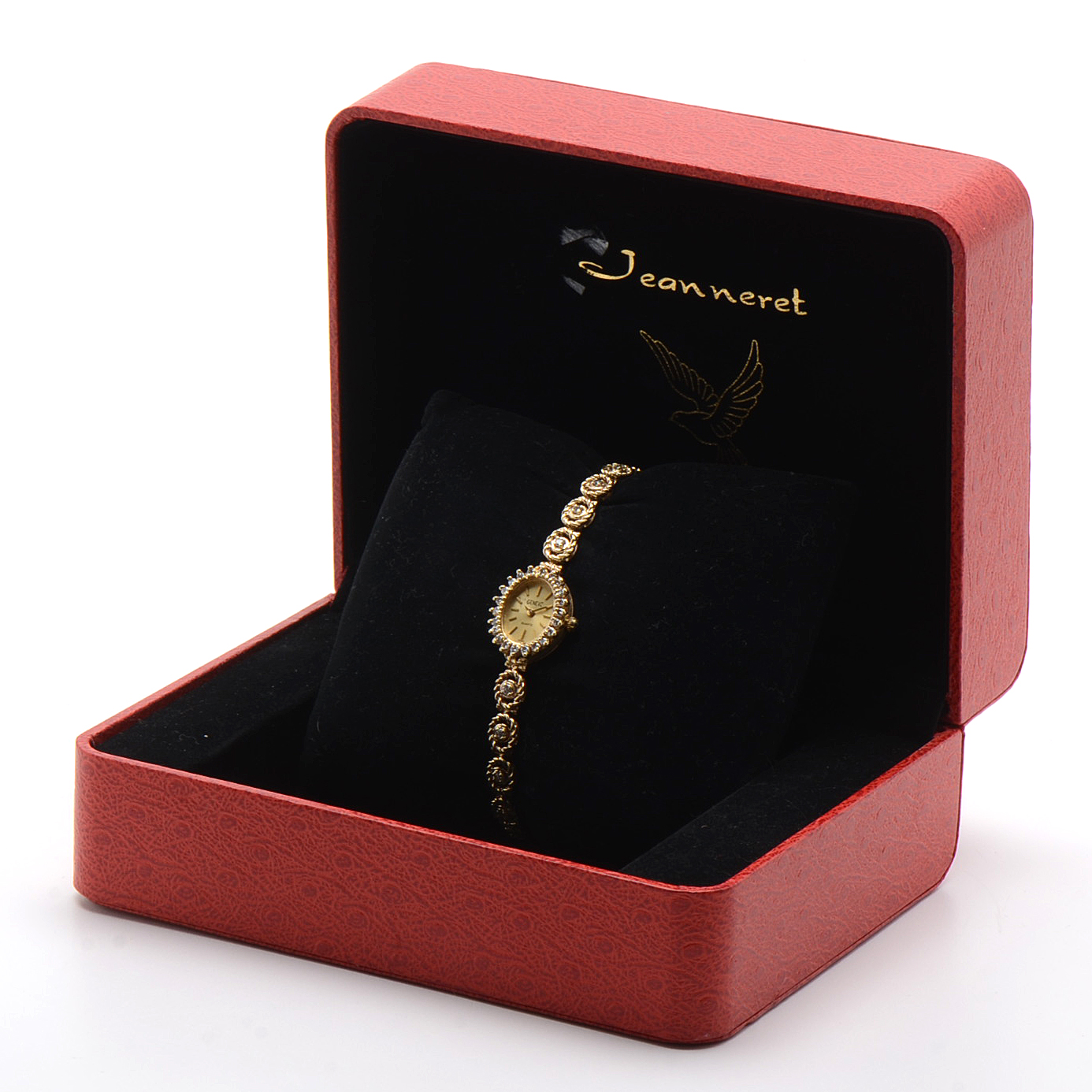 14K Yellow Gold and Diamond Dress Watch in Red Presentation Box