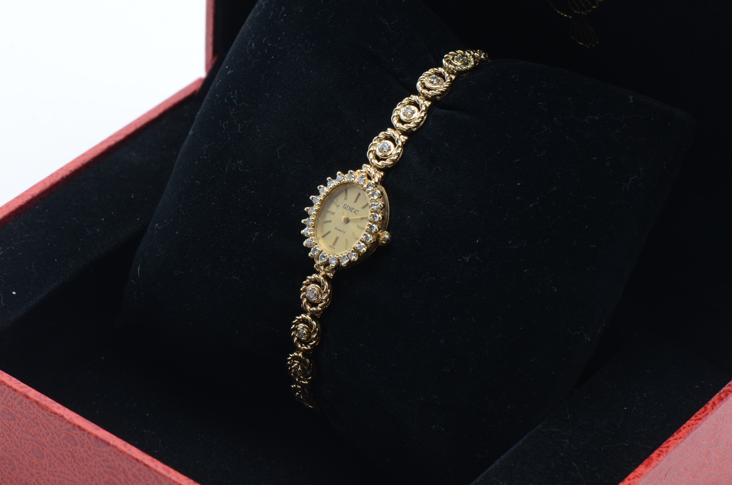 14K Yellow Gold and Diamond Dress Watch in Red Presentation Box