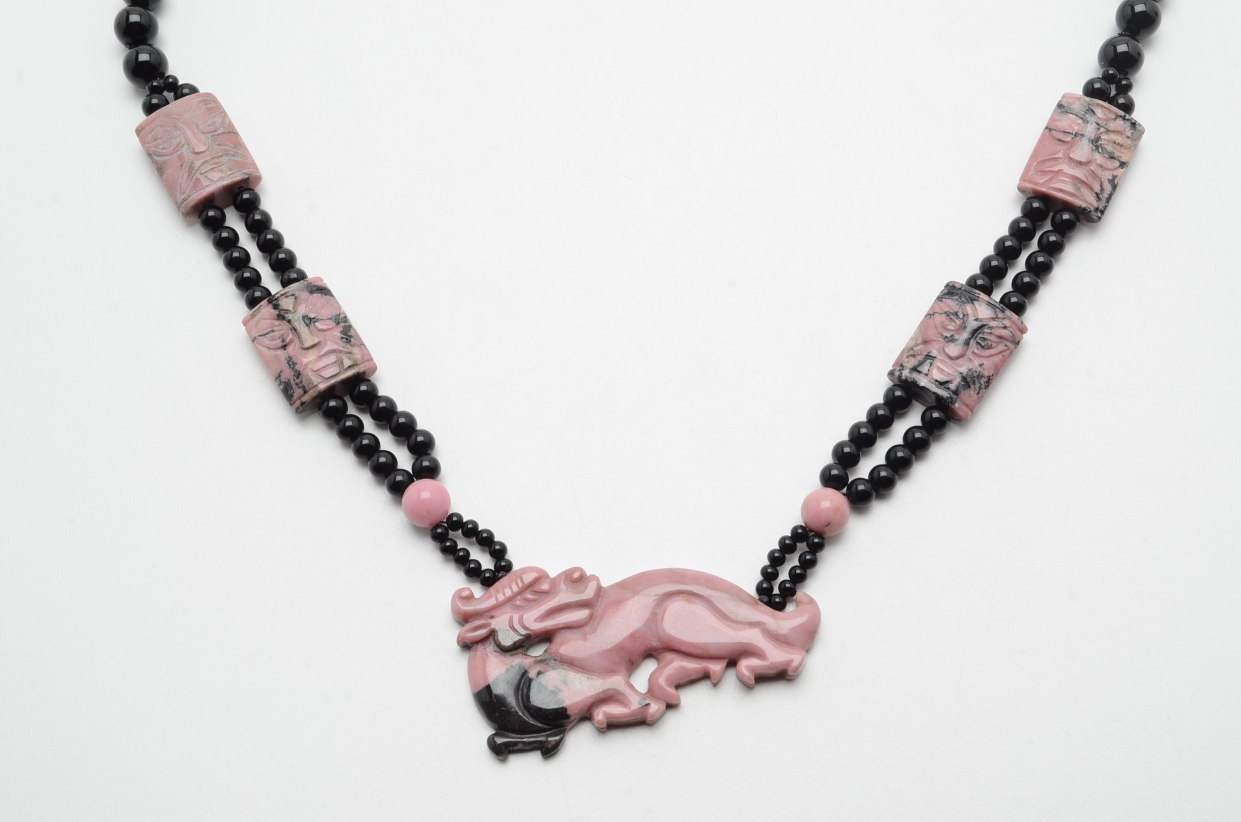 Onyx and Pink Rhodonite Beaded Necklace