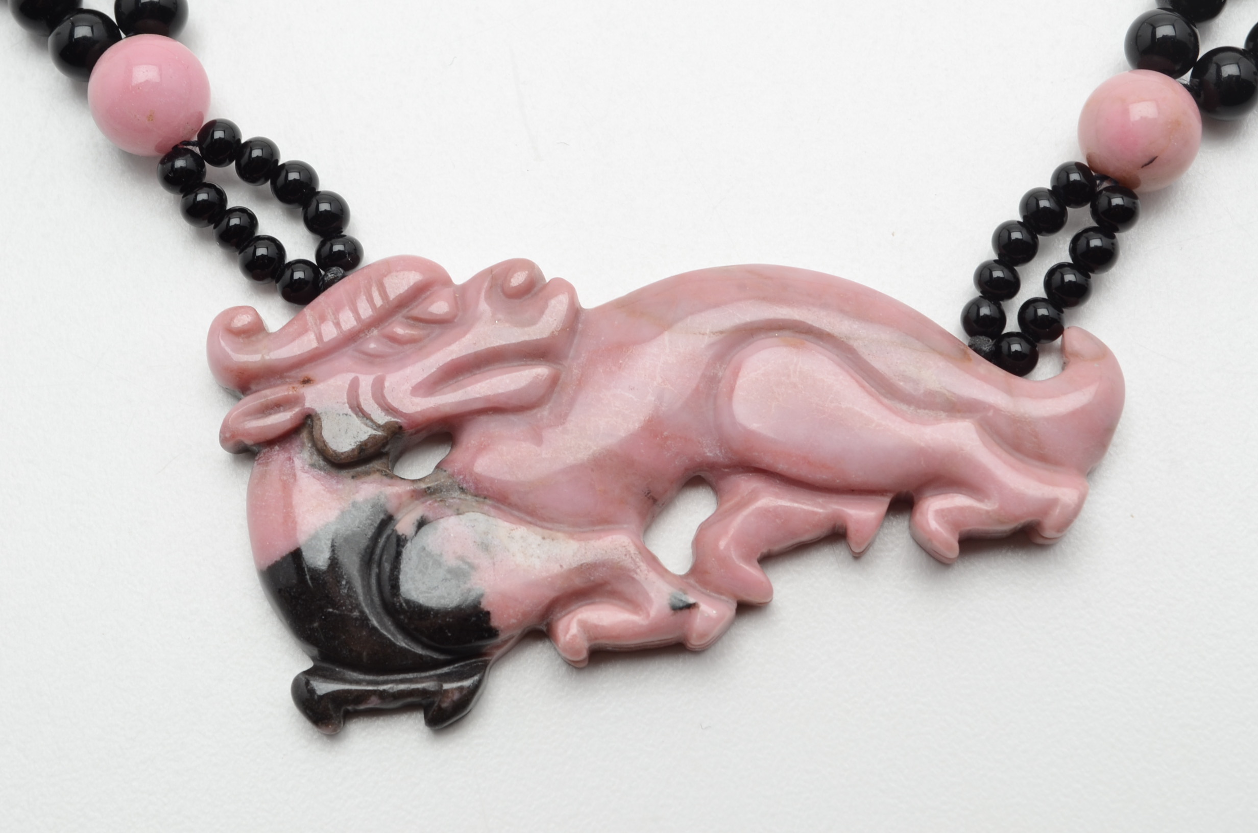 Onyx and Pink Rhodonite Beaded Necklace