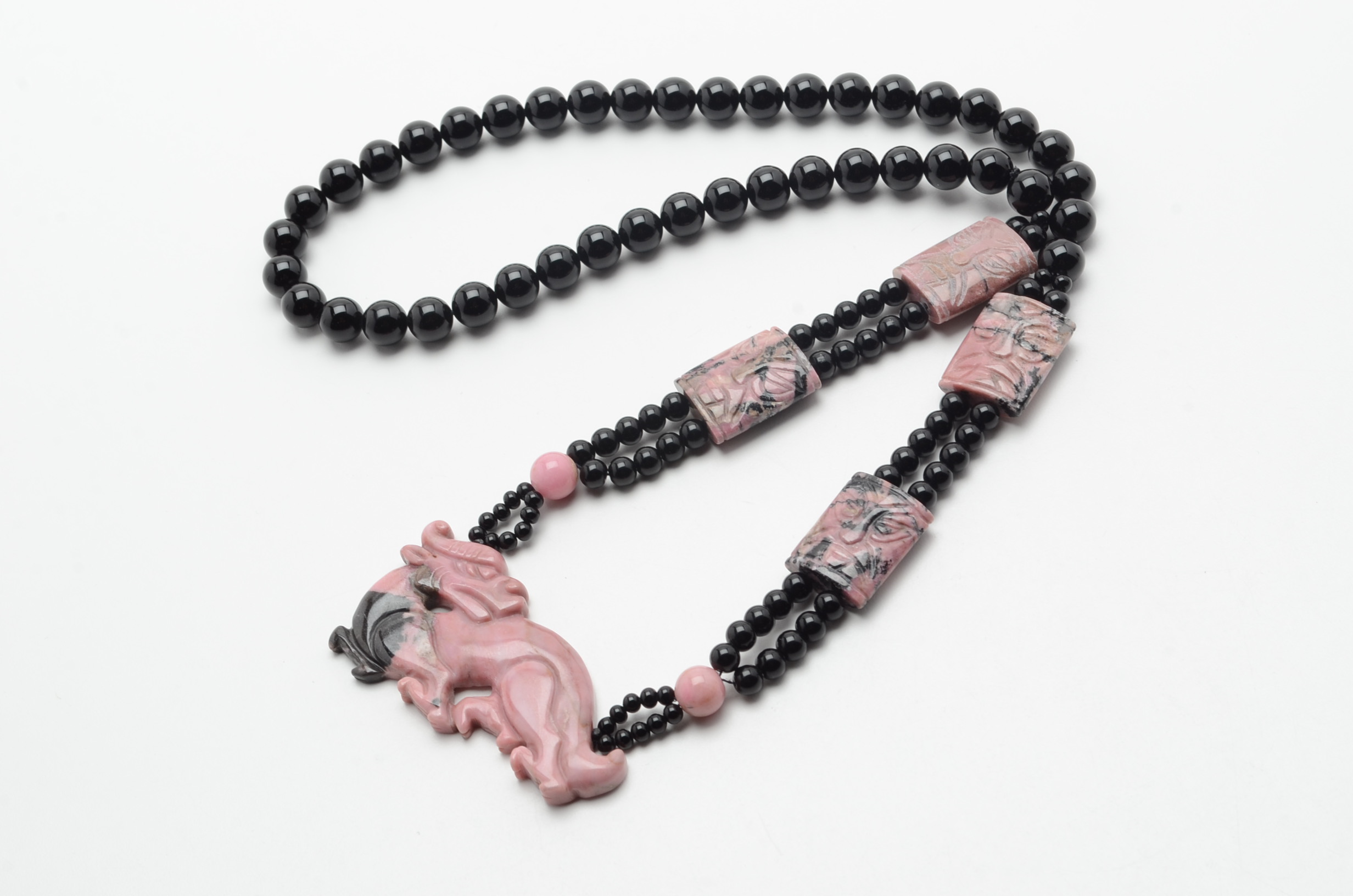 Onyx and Pink Rhodonite Beaded Necklace