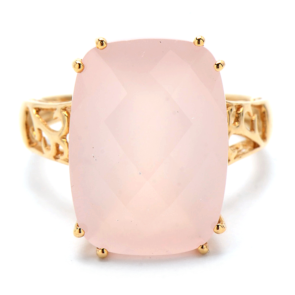14K Yellow Gold Ring with Rectangular Checkerboard Rose Quartz Stone