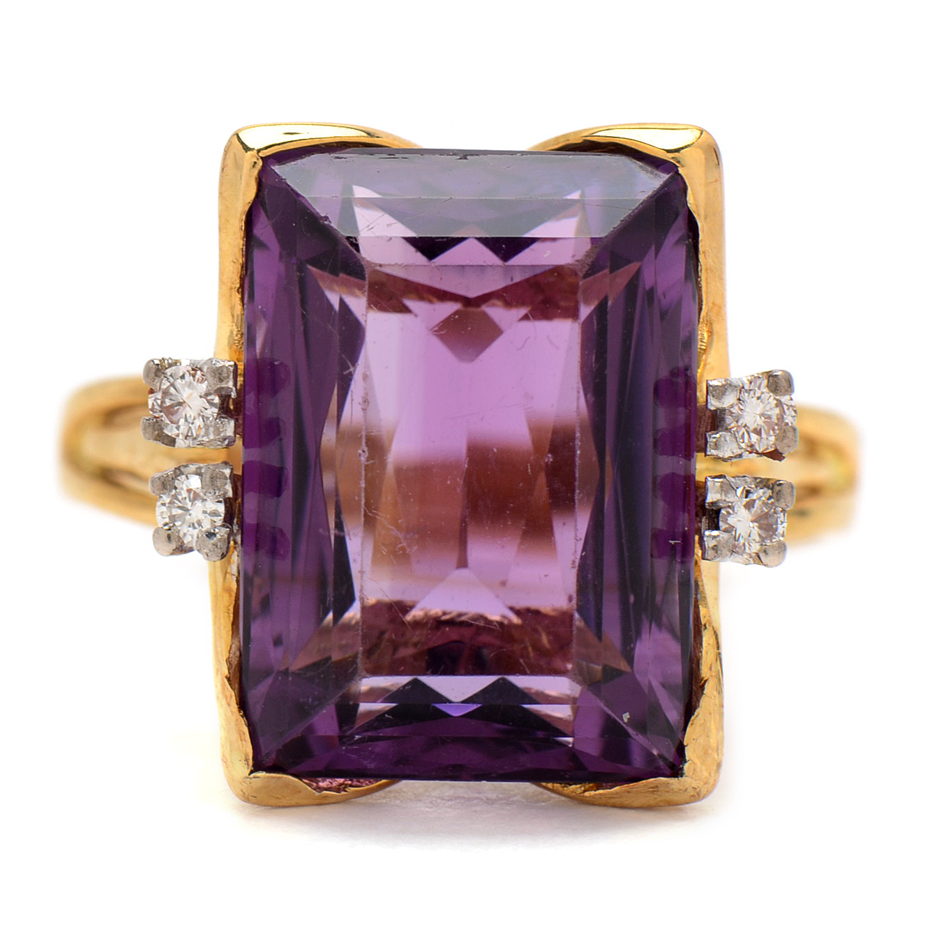 18K Yellow Gold Prong Set Amethyst and Diamond Ring