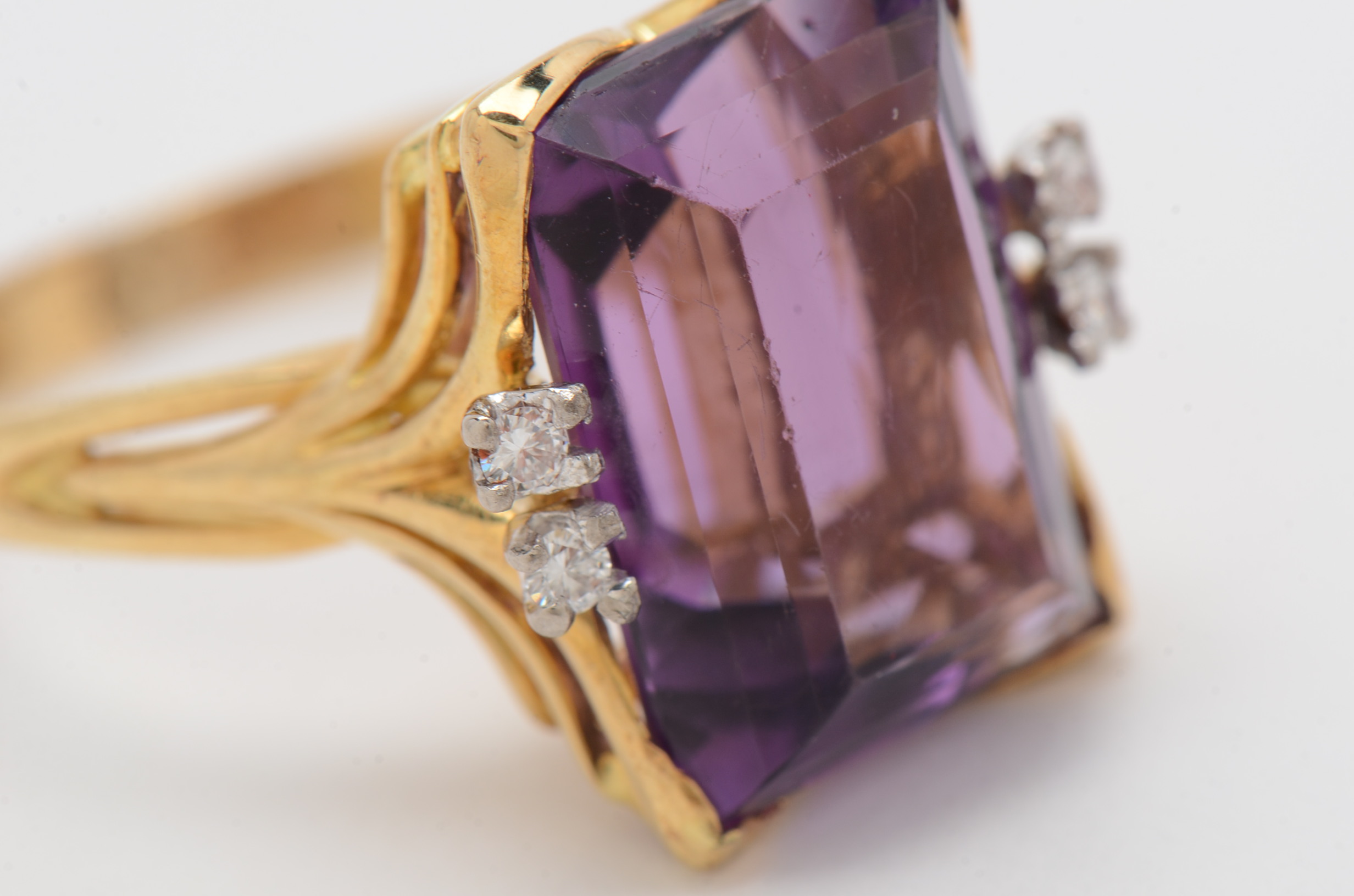 18K Yellow Gold Prong Set Amethyst and Diamond Ring