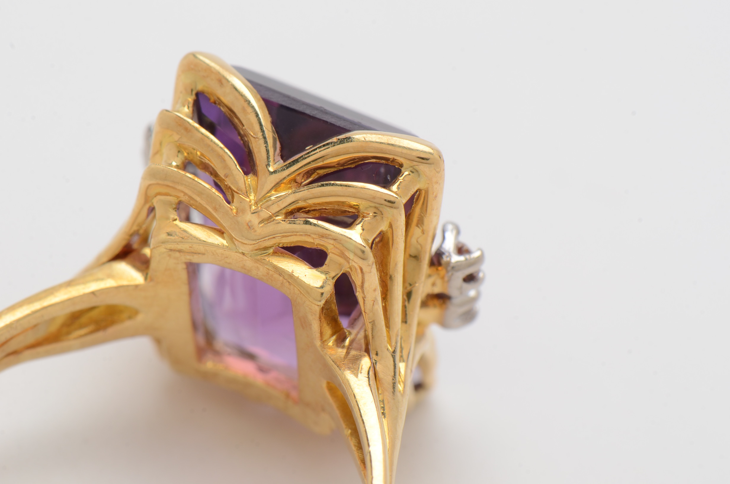 18K Yellow Gold Prong Set Amethyst and Diamond Ring