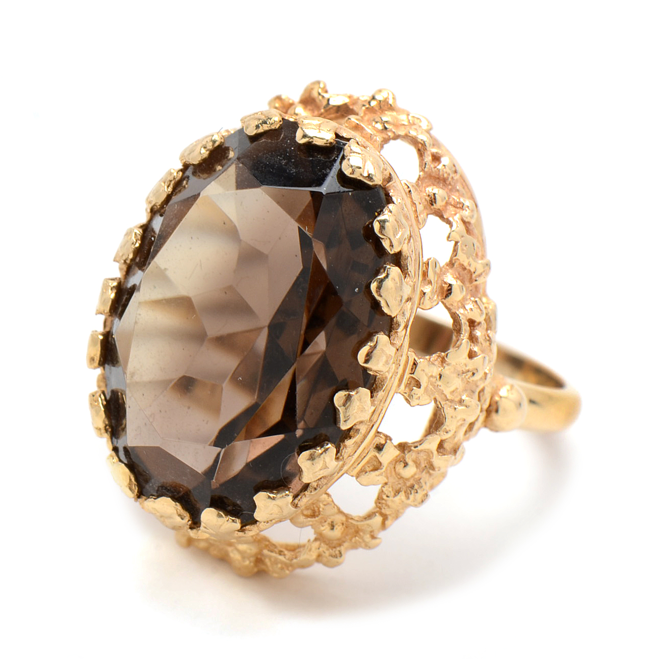 14K Yellow Gold Ring with Faceted Smoky Quartz in Ornate Setting
